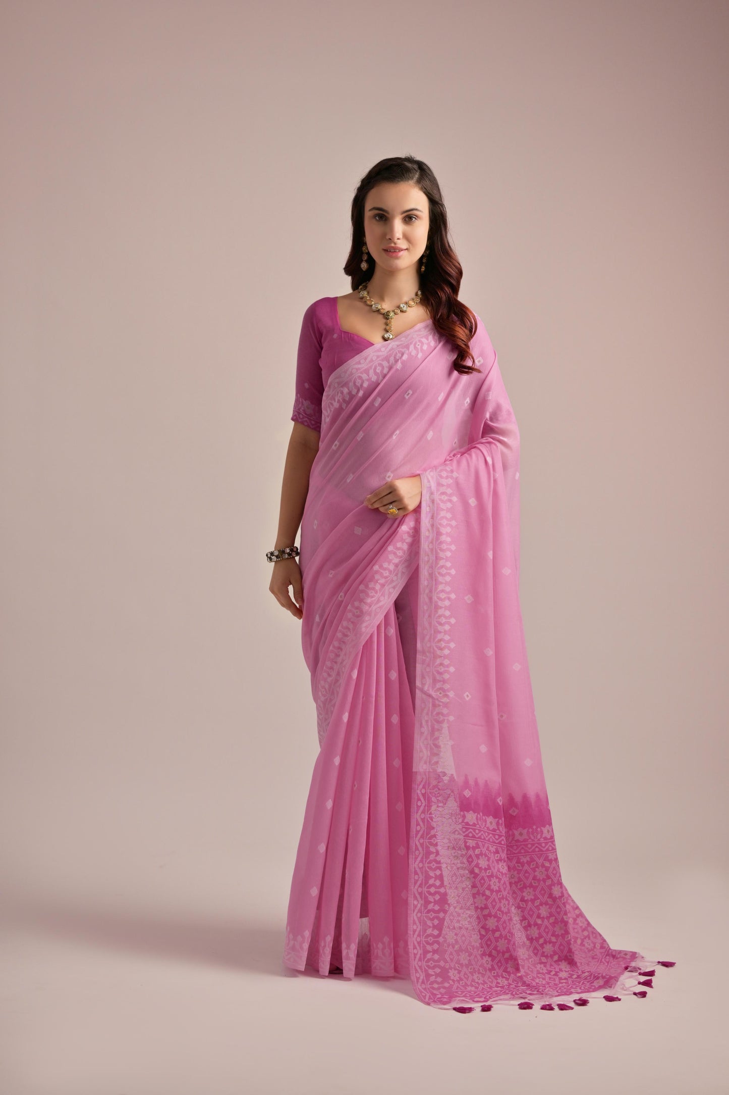 Dhiyona GR Women's Pink Muga Cotton Jamdani Saree