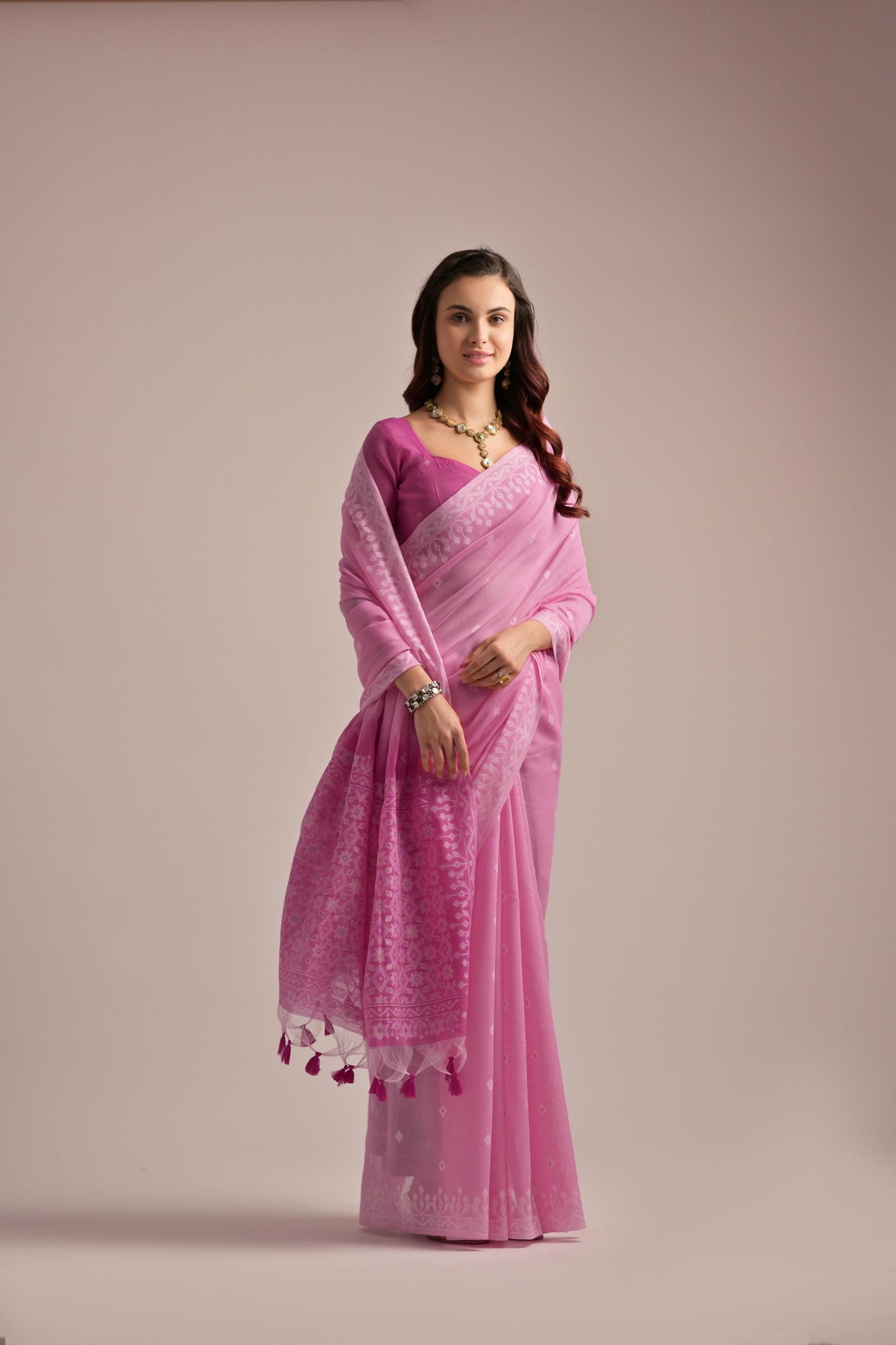Dhiyona GR Women's Pink Muga Cotton Jamdani Saree