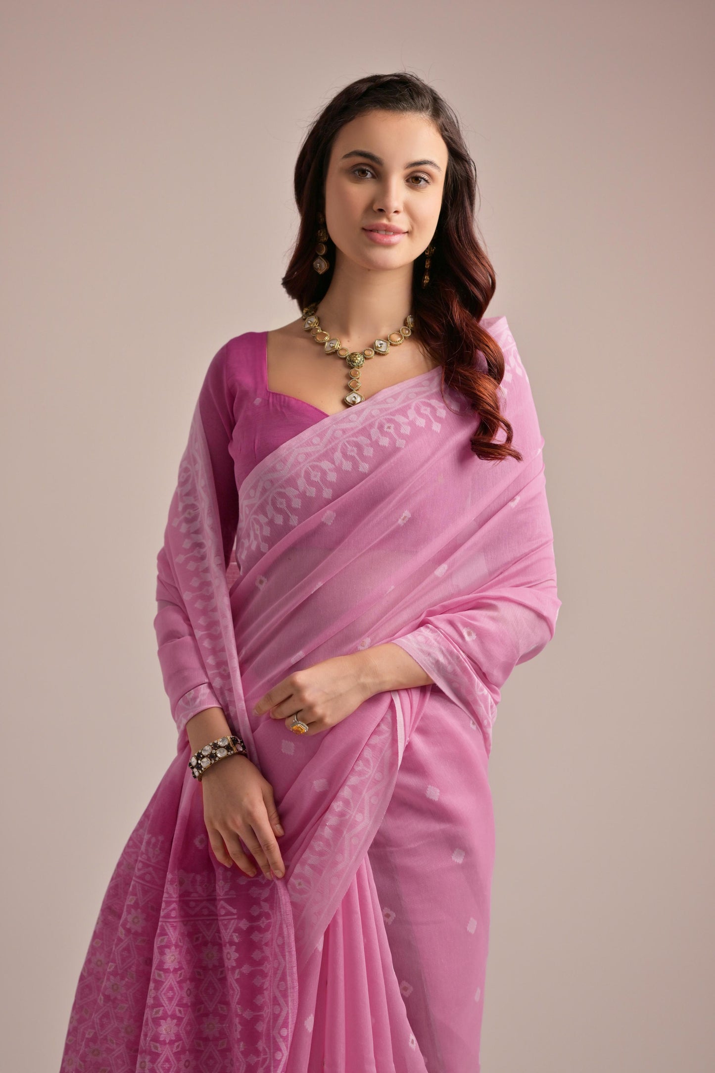 Dhiyona GR Women's Pink Muga Cotton Jamdani Saree