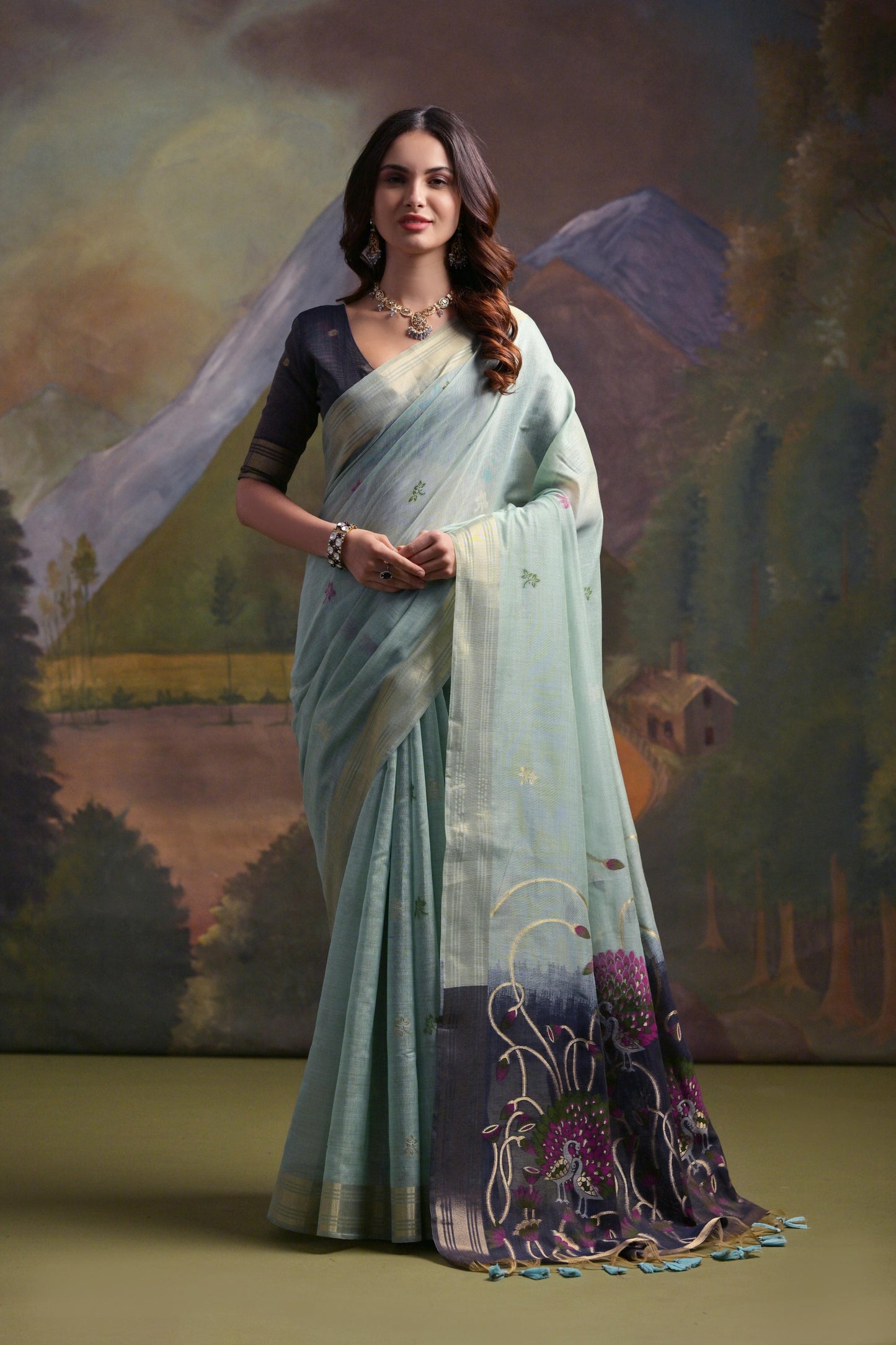Dhiyona GR Women's Sky Blue Woven Muga Silk Saree