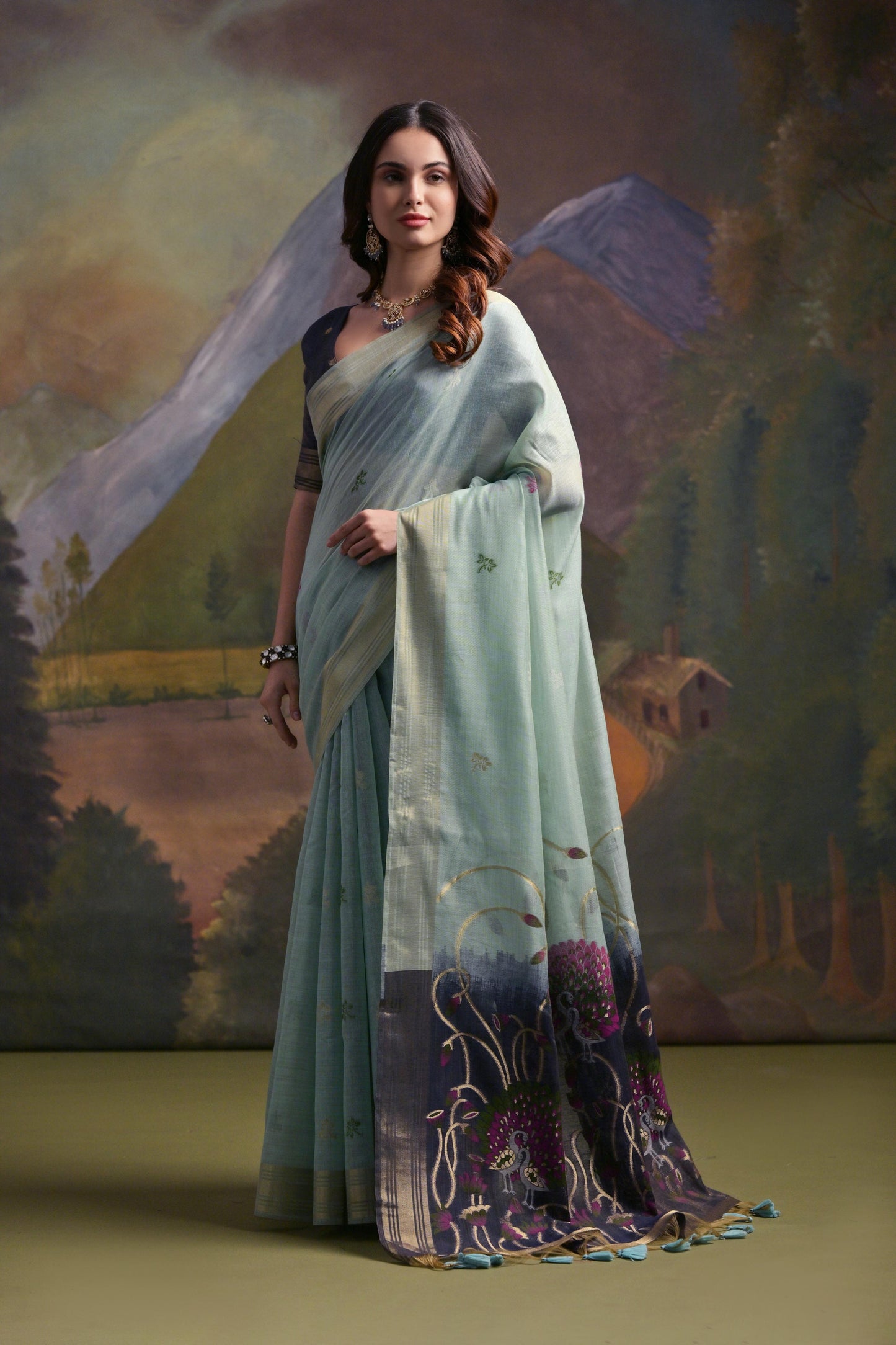 Dhiyona GR Women's Sky Blue Woven Muga Silk Saree