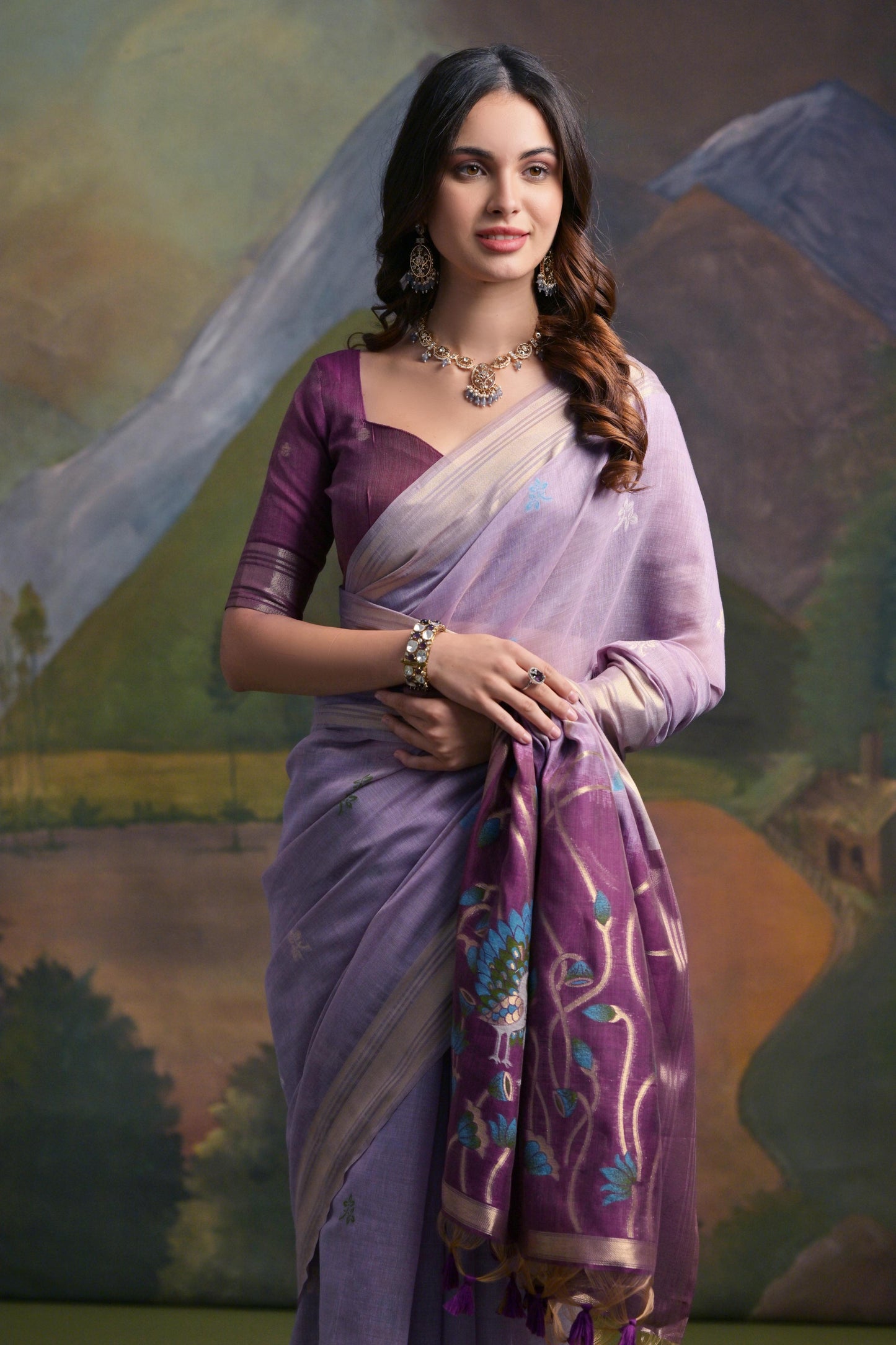 Dhiyona GR Women's Lavender Woven Muga Silk Saree