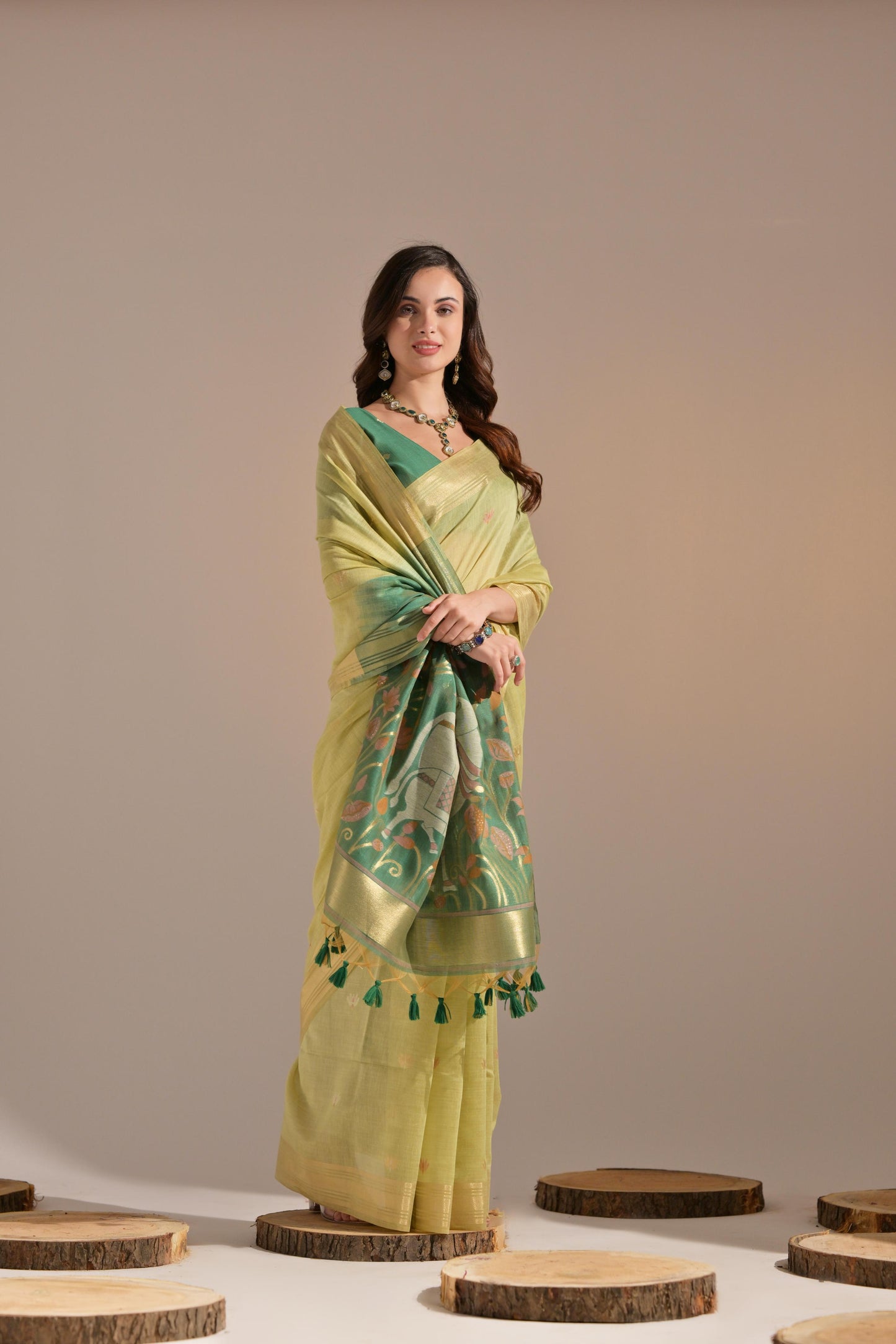 Dhiyona GR Women's Jissa Green Muga Cotton Pichwai Saree