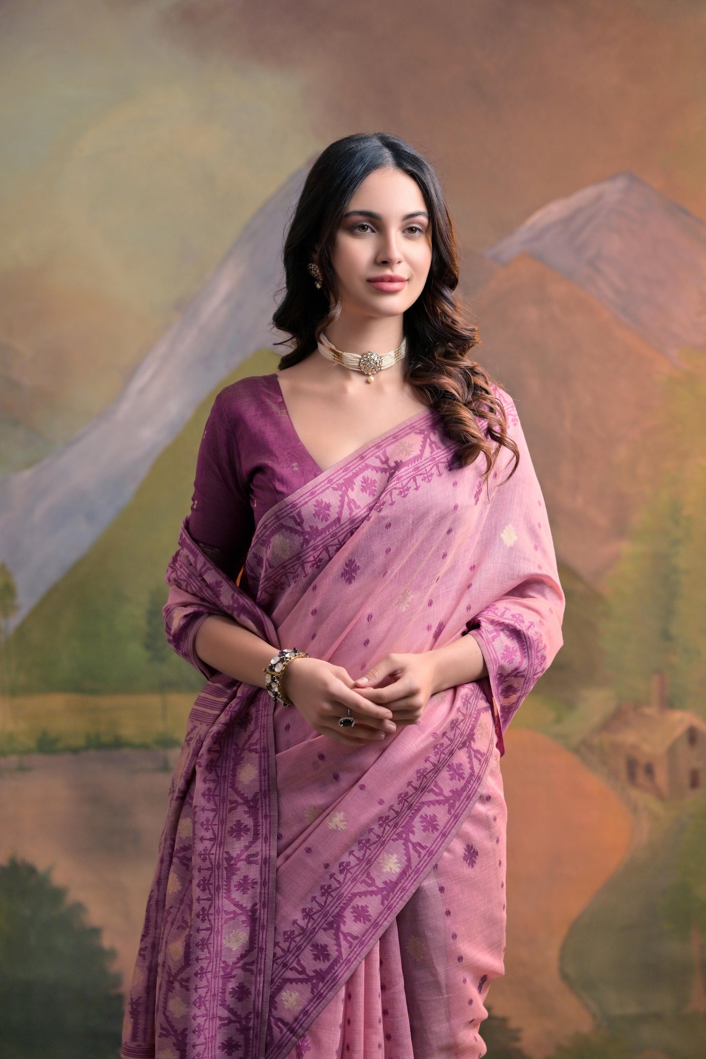 Dhiyona GR Women's Nargis Pink Muga Cotton Saree