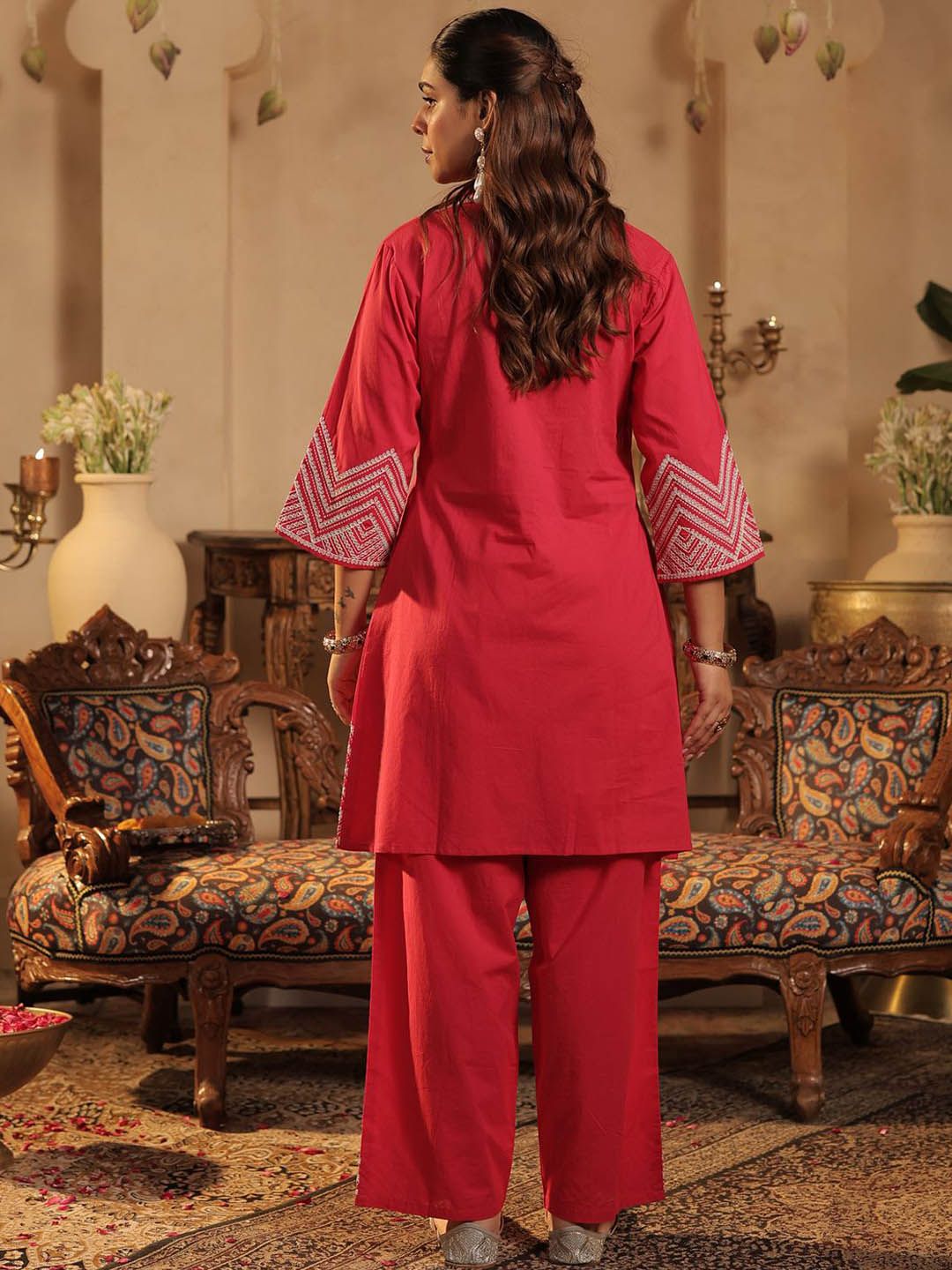 Dhiyona IE Women Embroidered Shirt Collar Pure Cotton Tunic & Trouser Co-Ord Set