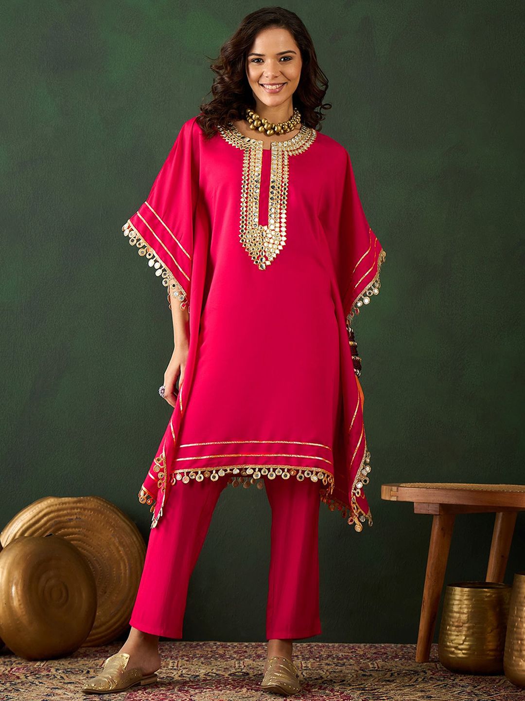Dhiyona SN Women's Fuchsia Geometric Embroidered Round Neck Mirror Work Kaftan With Trousers