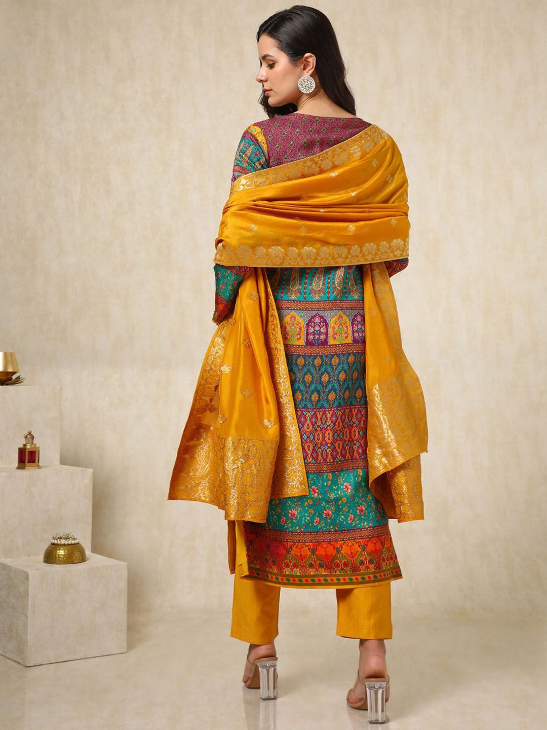 Dhiyona SO Women's Ethnic Motifs Printed Mirror Work Straight Kurta With Trouser & Dupatta
