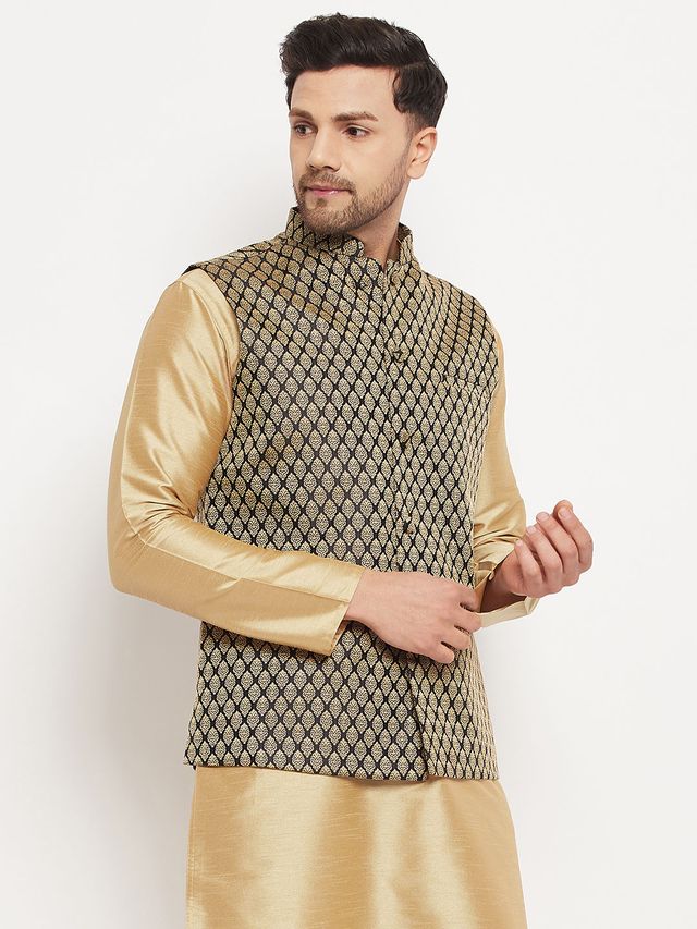 Men's Black Silk Blend Straight Nehru Jacket