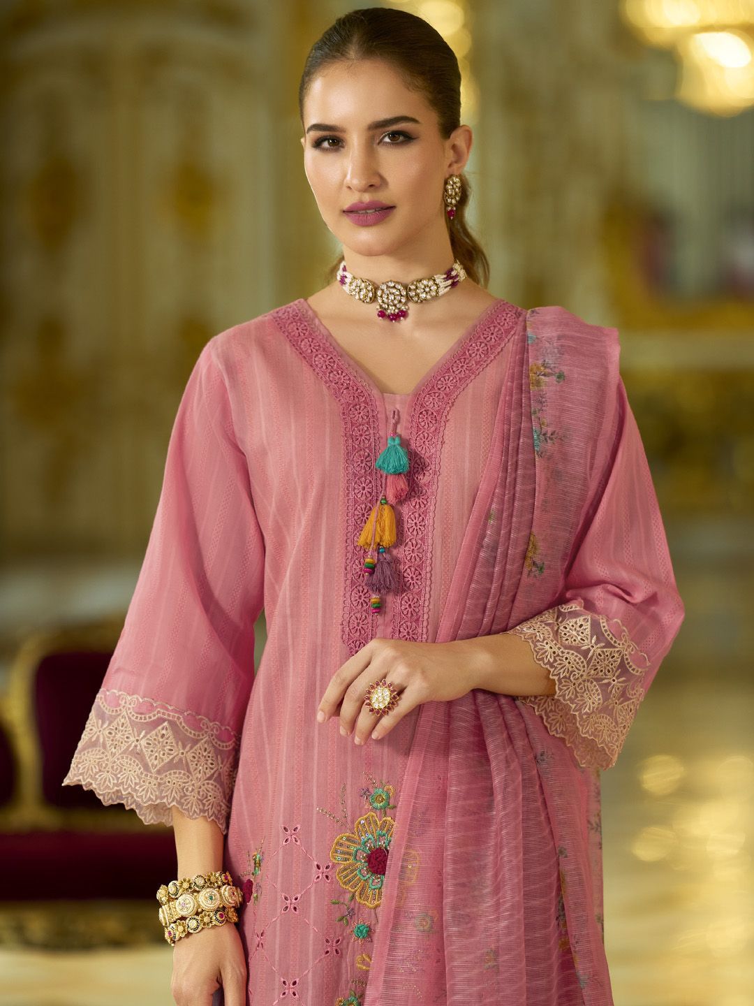 Dhiyona VA Women's Floral Embroidered Cotton Kurta with Trouser & Dupatta