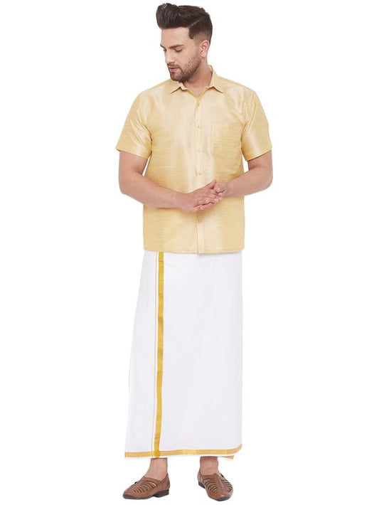 Men's Gold Silk Blend Straight Shirt And Mundu
