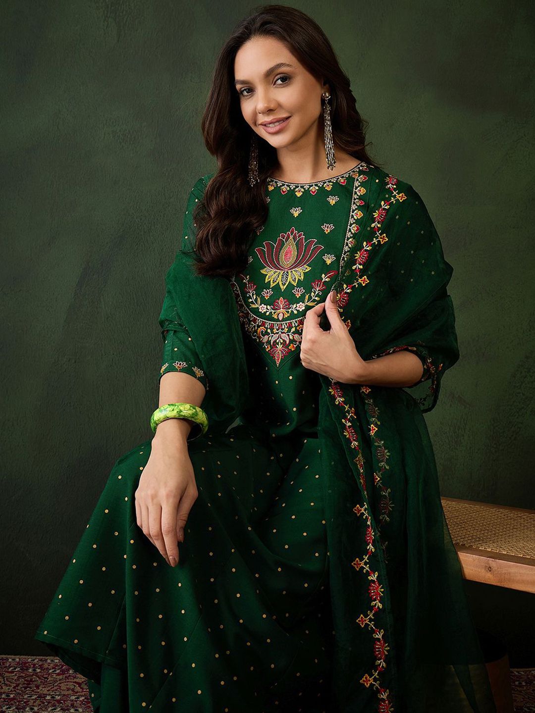 Dhiyona SN Women's Floral Embroidered Zari Sequence A Line Kurta & Trouser With Dupatta