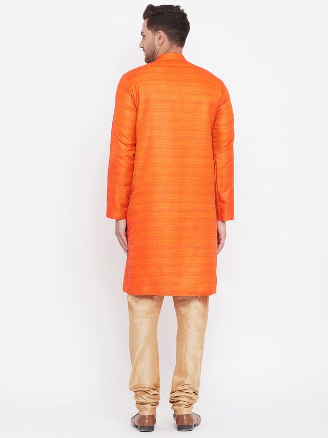 Men's Orange Silk Blend Straight Kurta Pyjama Set