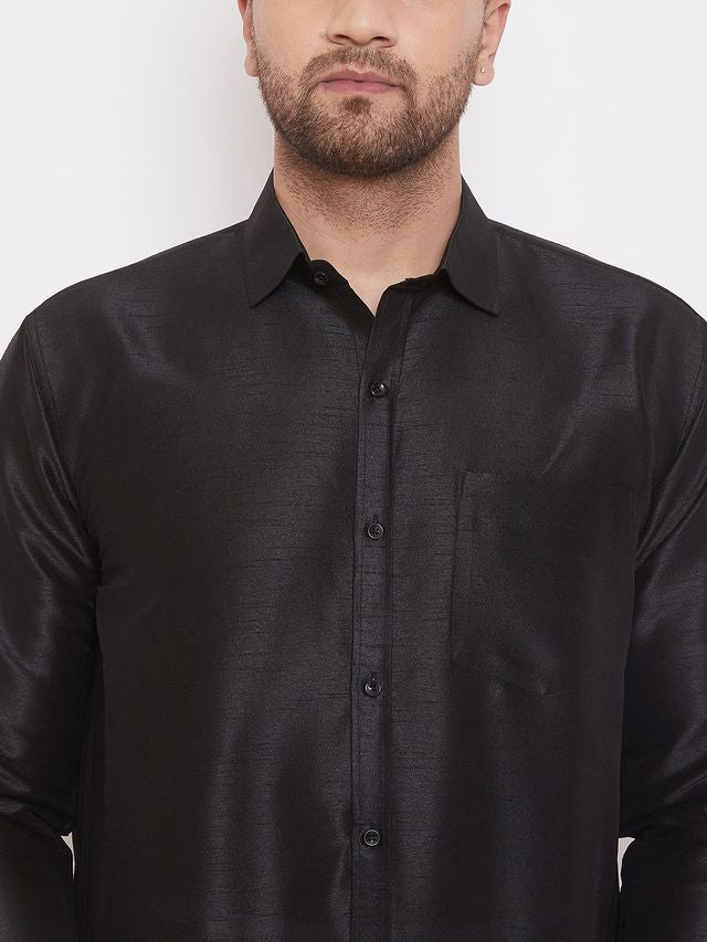 Men's Black Silk Blend Straight Ethnic Shirt