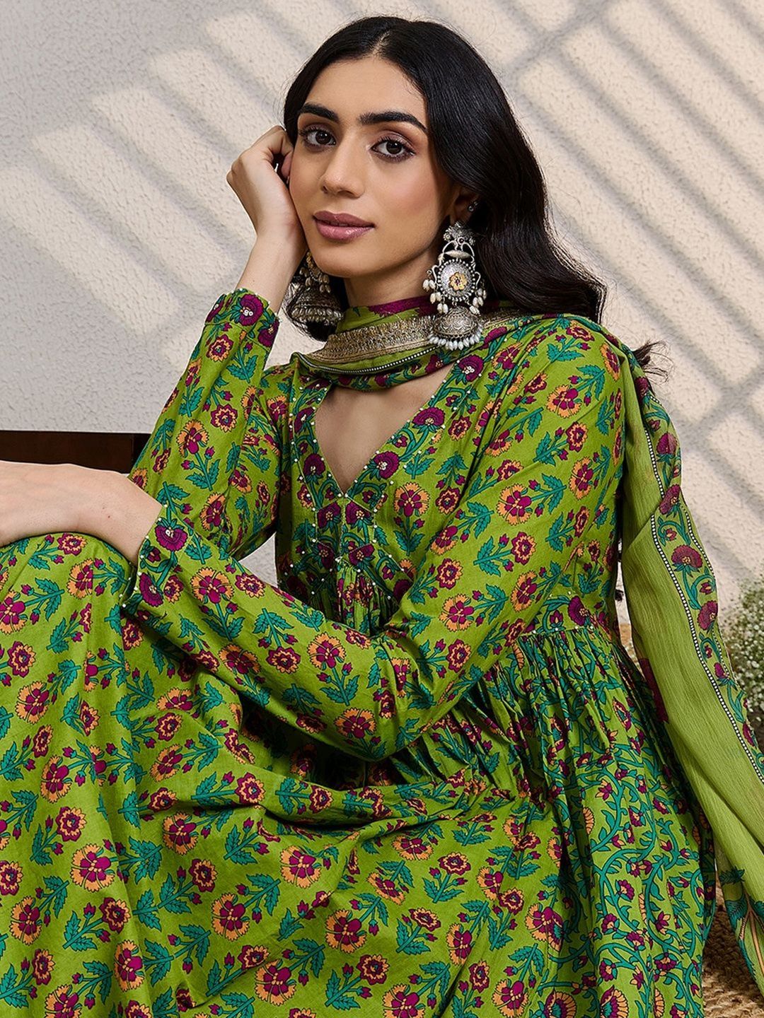 Women Floral Printed Empire Pure Cotton Kurta with Trousers & With Dupatta