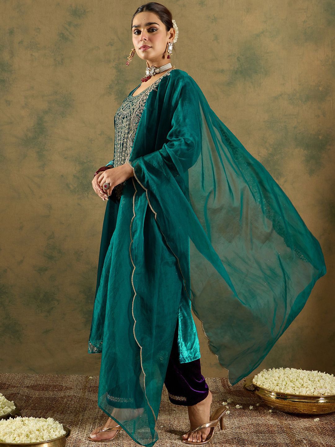 Floral Yoke Design Sequinned Velvet Straight Kurta With Trousers & Dupatta