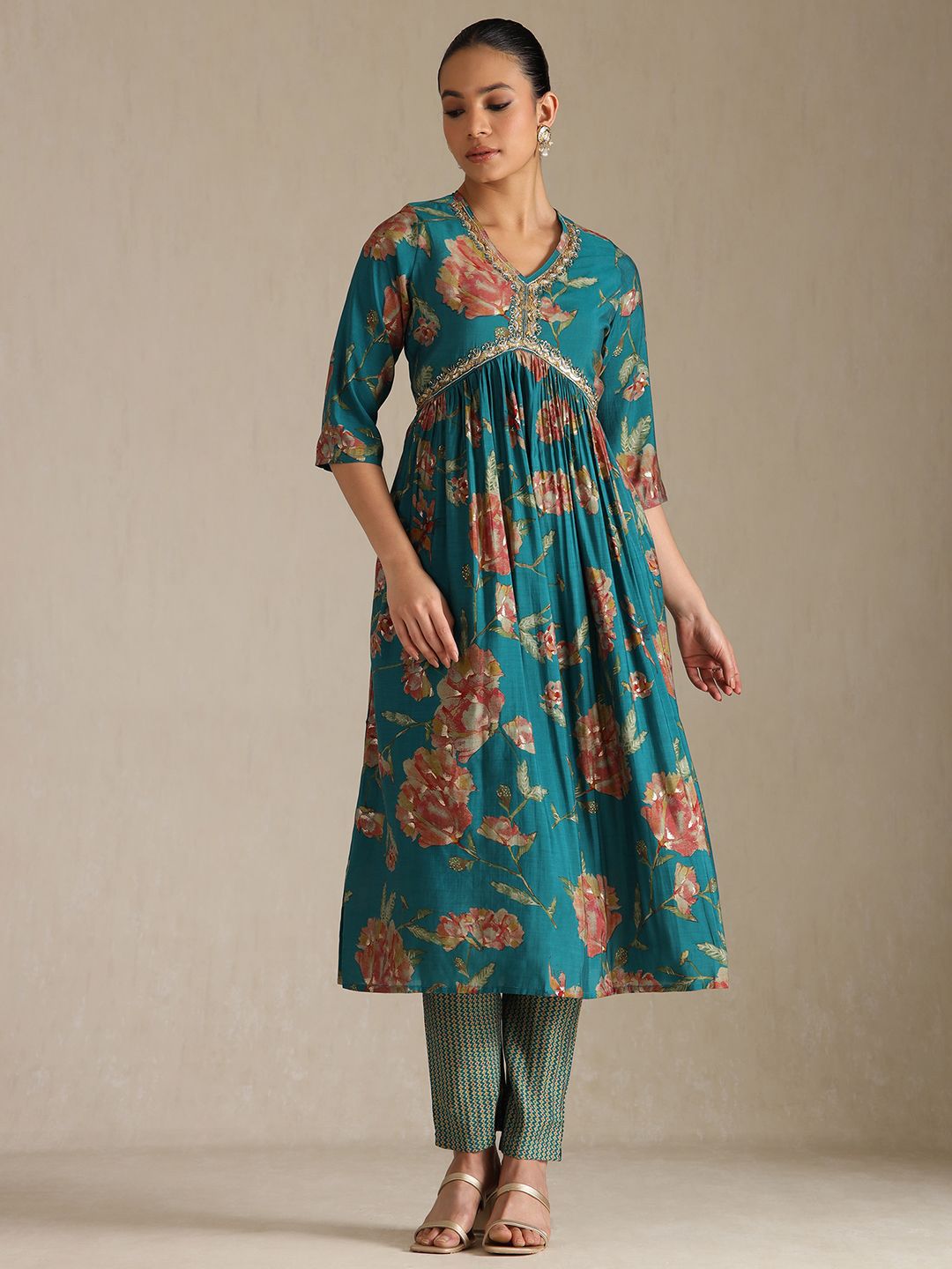 Dhiyona SO Women's Floral Printed V-Neck Sequinned Empire Anarkali Kurta With Trousers & Dupatta