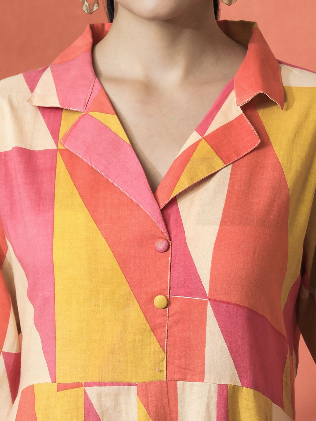 Dhiyona SN Women's Colourblocked Shirt Collar A-Line Pure Cotton Kurta With Trousers
