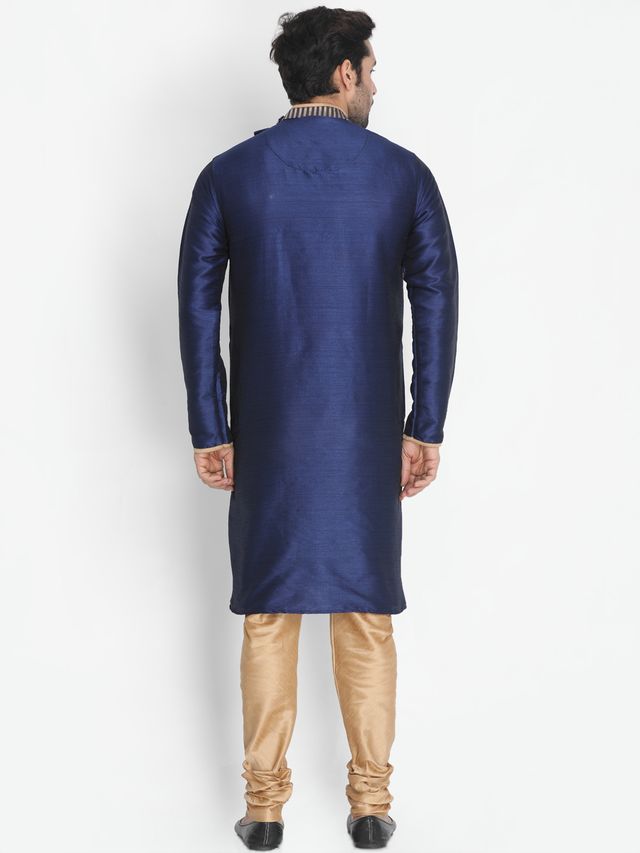 Men's Dark Blue Polyester Lurex Blend Straight Sherwani Set