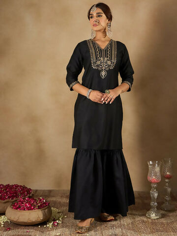 Women's Black Embroidered Straight Kurta Sharara With Dupatta Set
