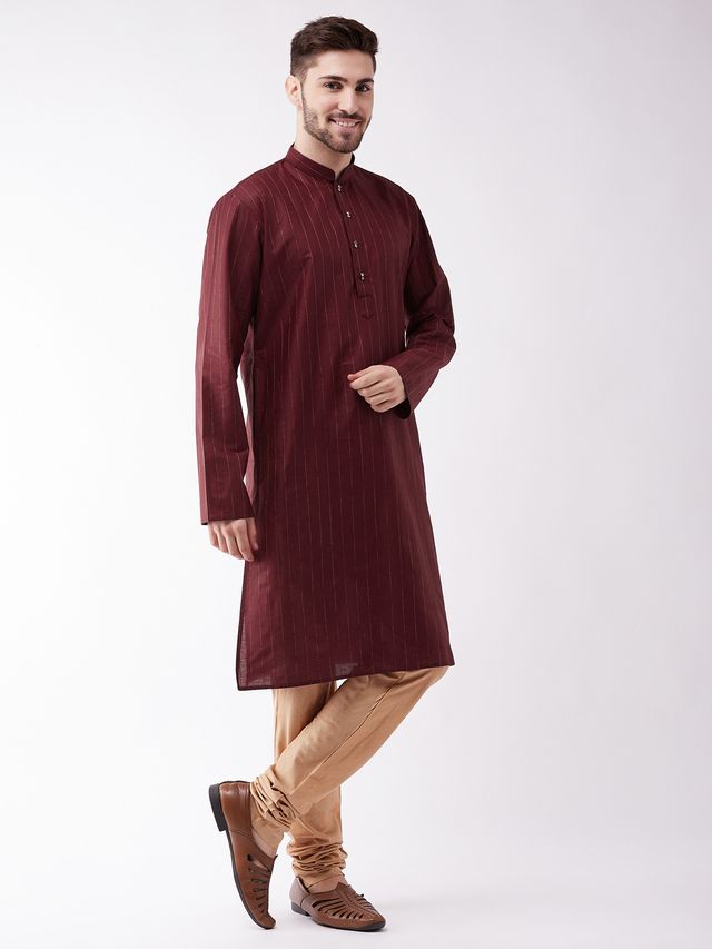 Men's Maroon Cotton Blend Straight Kurta Pyjama Set