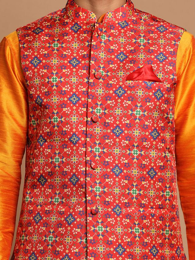 Men's Maroon Silk Blend Straight Nehru Jacket