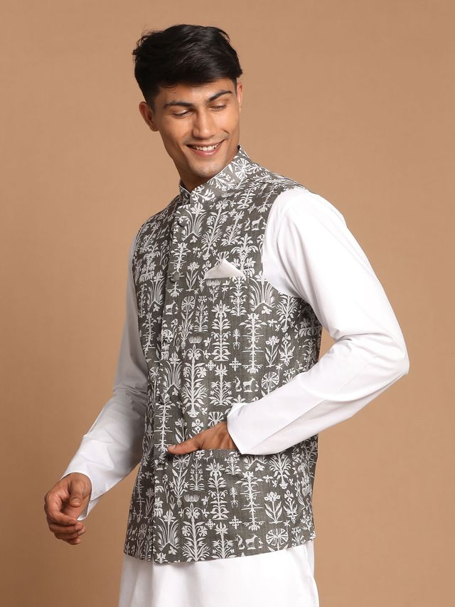 Men's Green Cotton Blend Straight Nehru Jacket
