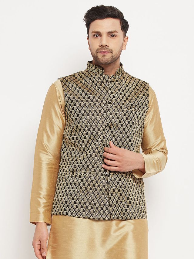 Men's Black Silk Blend Straight Nehru Jacket