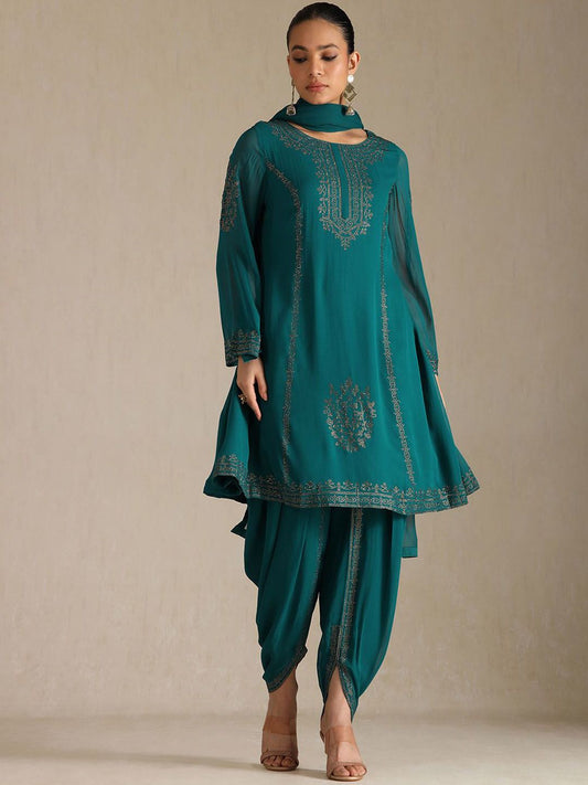 Dhiyona SO Women's Floral Embroidered Beads And Stones Georgette A-line Kurta With Pyjamas And Dupatta