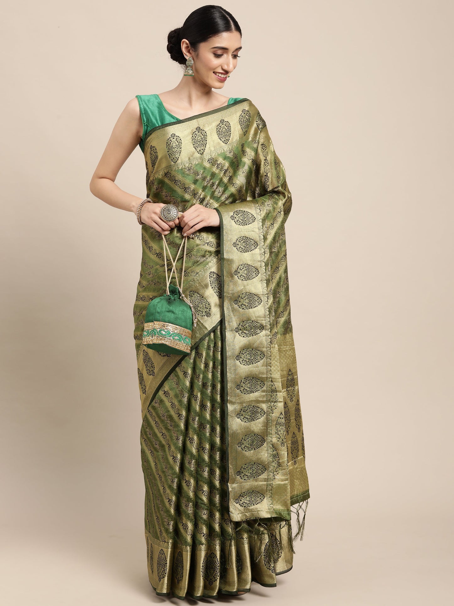 Dhiyona GR Women's Natasha Olive Green Organza Saree