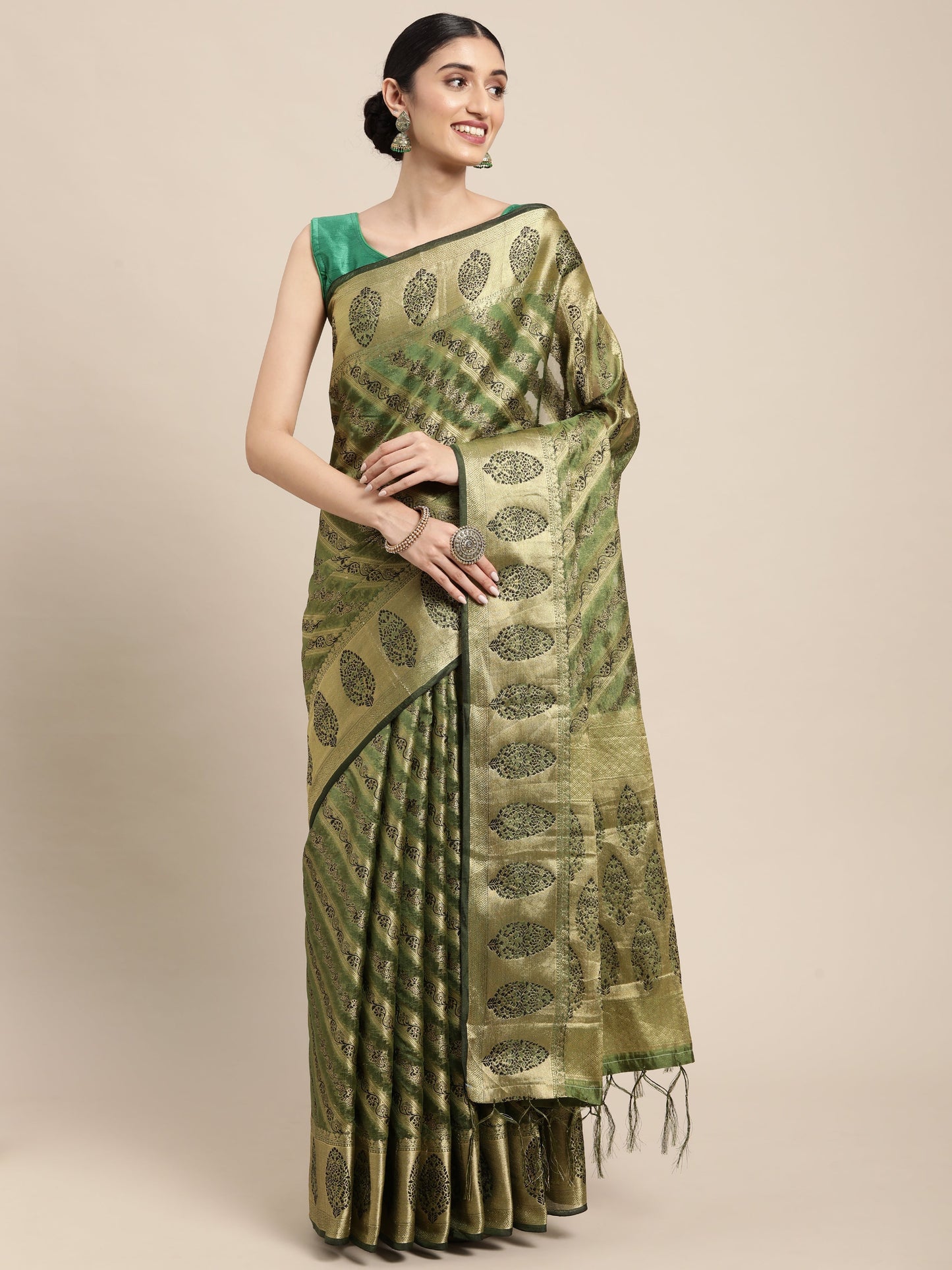 Dhiyona GR Women's Natasha Olive Green Organza Saree