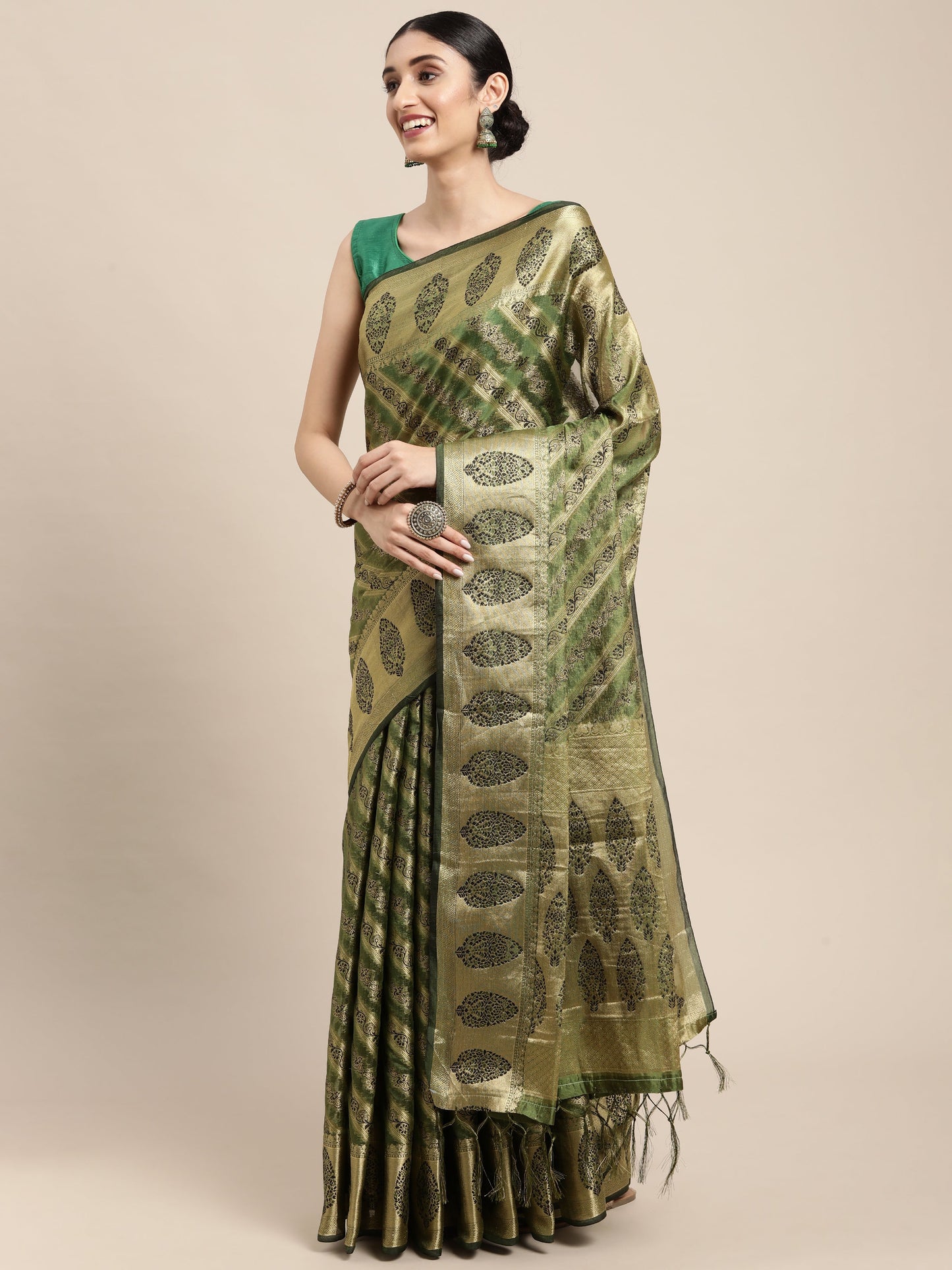 Dhiyona GR Women's Natasha Olive Green Organza Saree