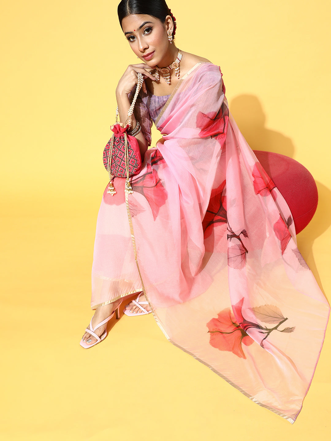 Women's Organza Pink Printed Celebrity Saree With Blouse Piece