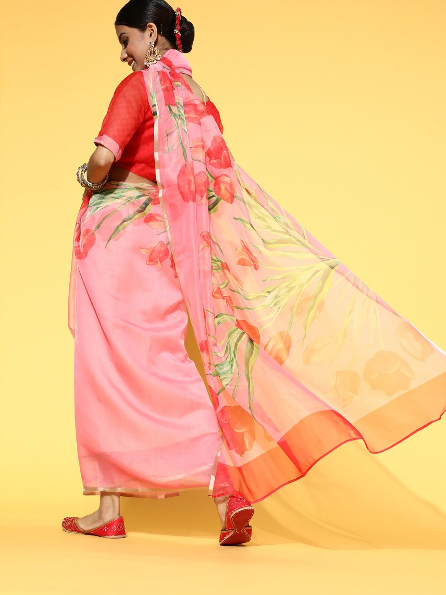 Women's Organza Orange Printed Celebrity Saree With Blouse Piece