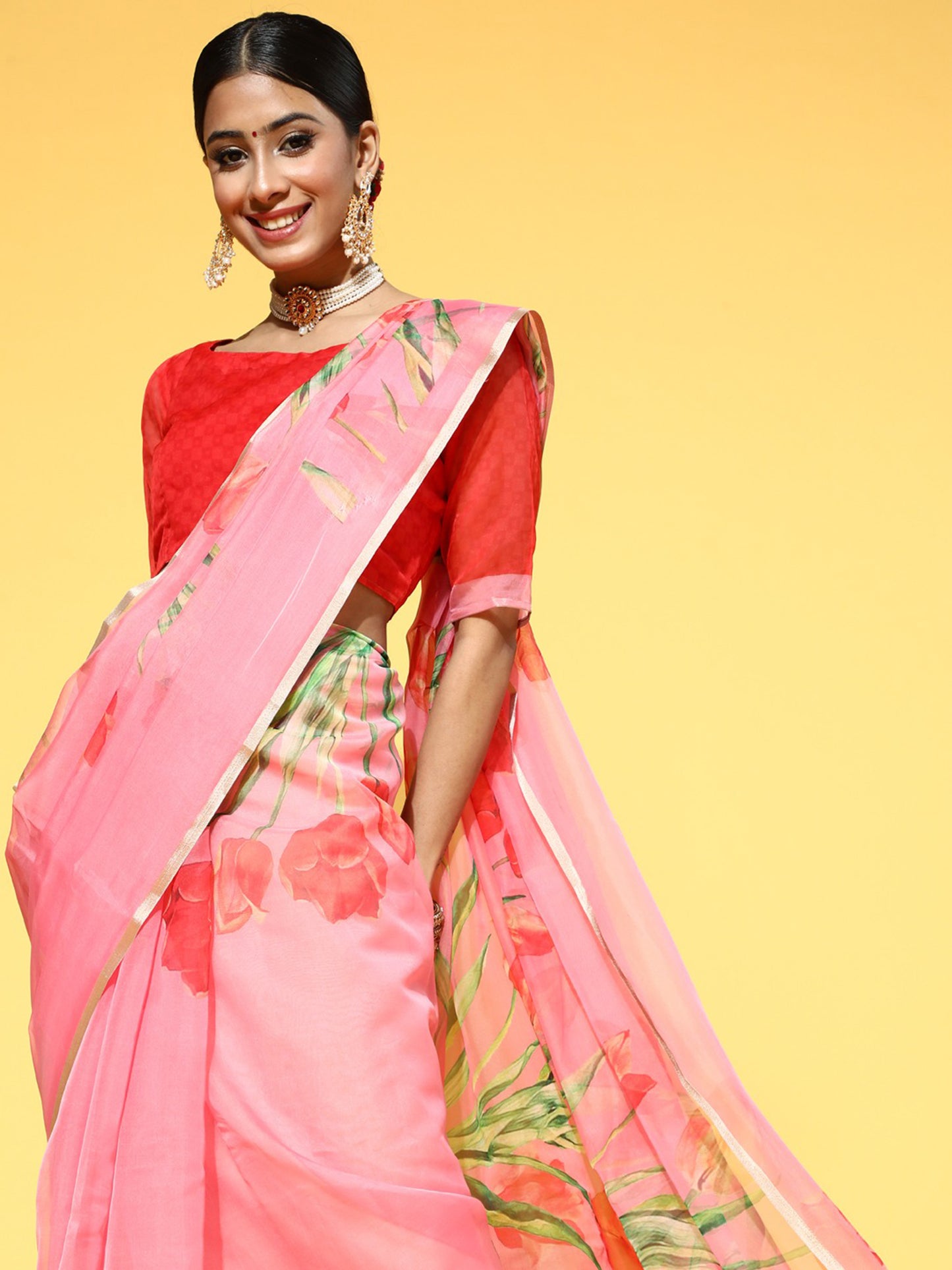 Women's Organza Orange Printed Celebrity Saree With Blouse Piece