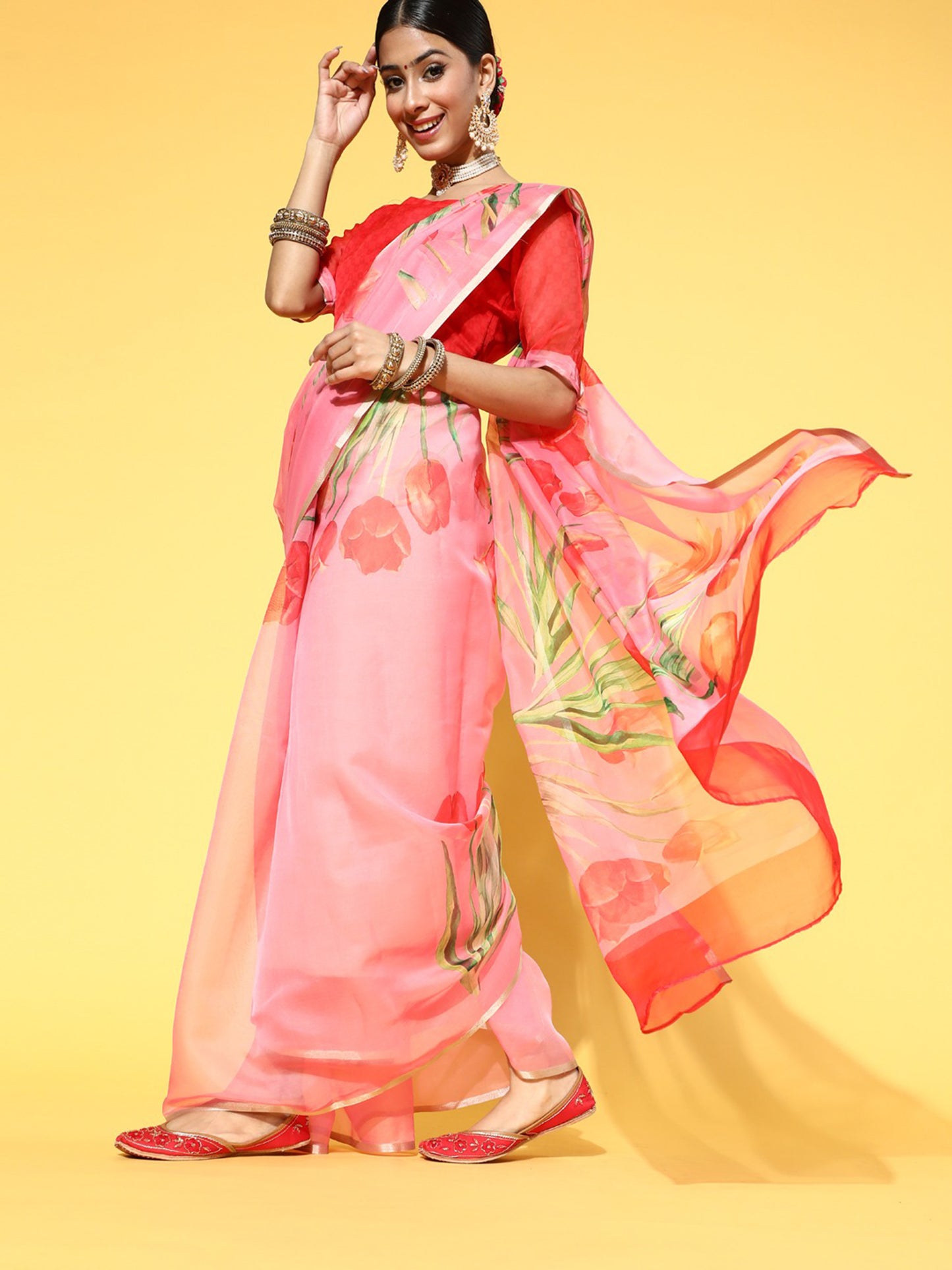 Women's Organza Orange Printed Celebrity Saree With Blouse Piece