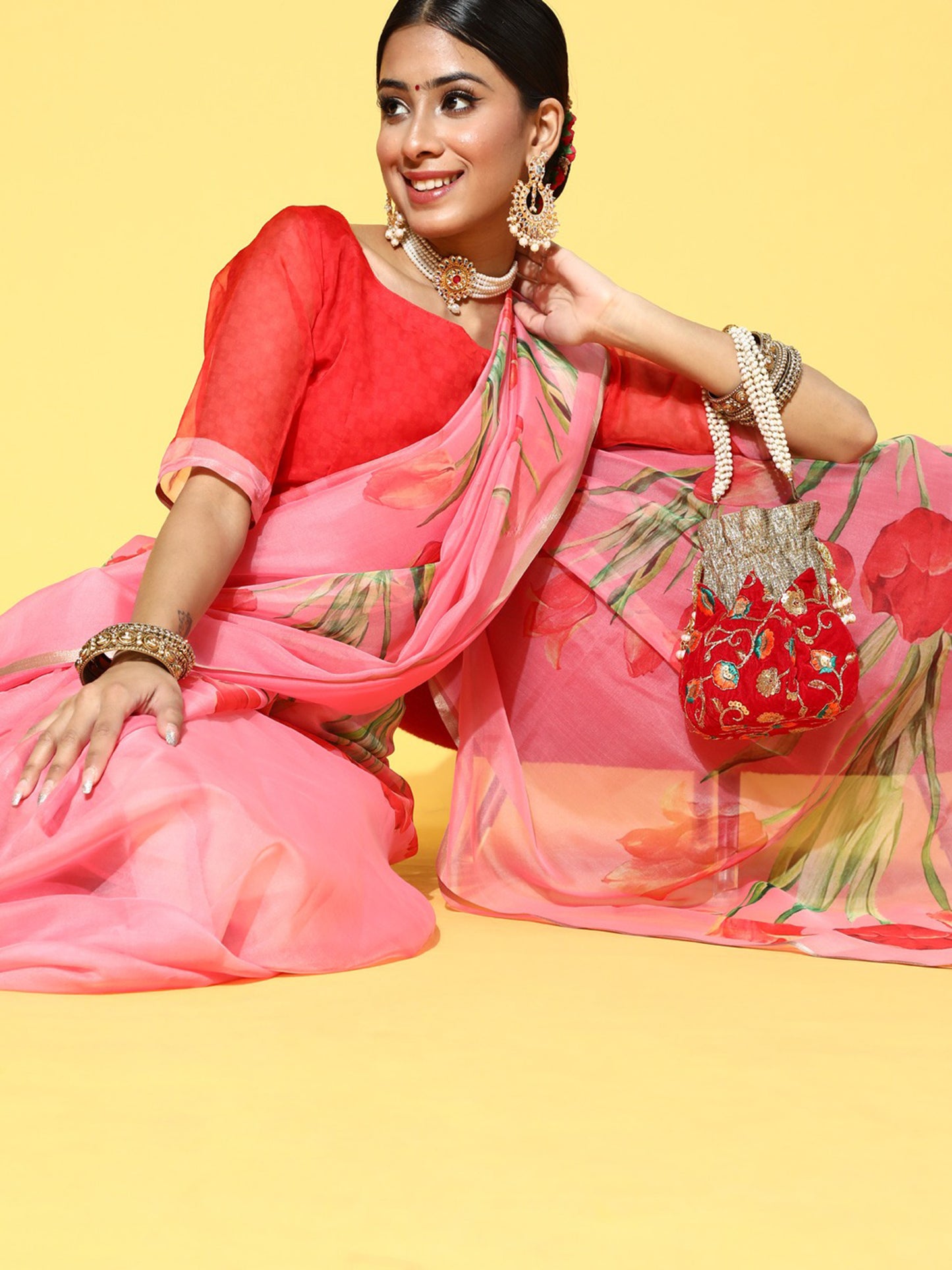 Women's Organza Orange Printed Celebrity Saree With Blouse Piece