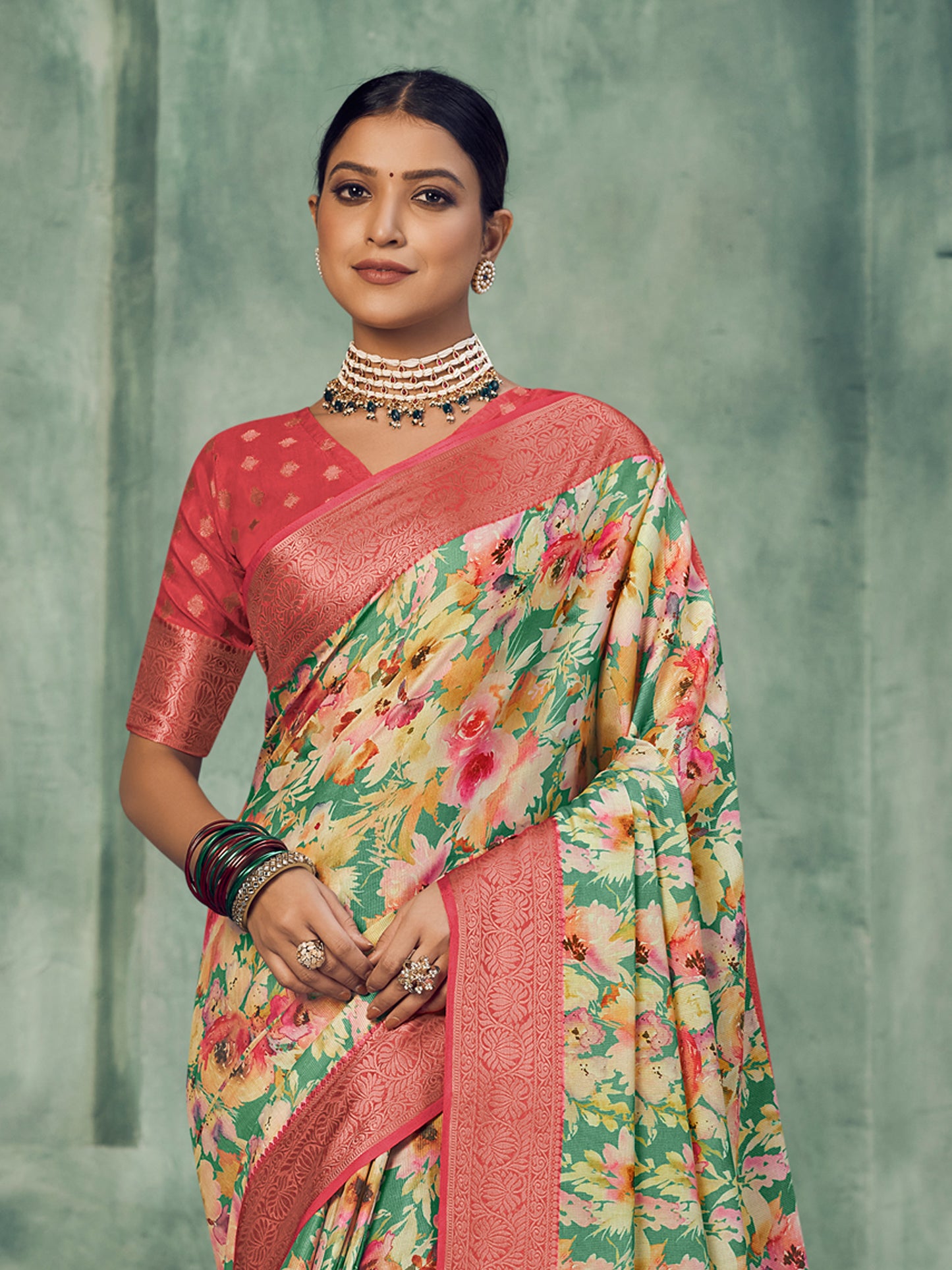 Women's Tussar Silk Teal green Digital Print Celebrity Saree With Blouse Piece