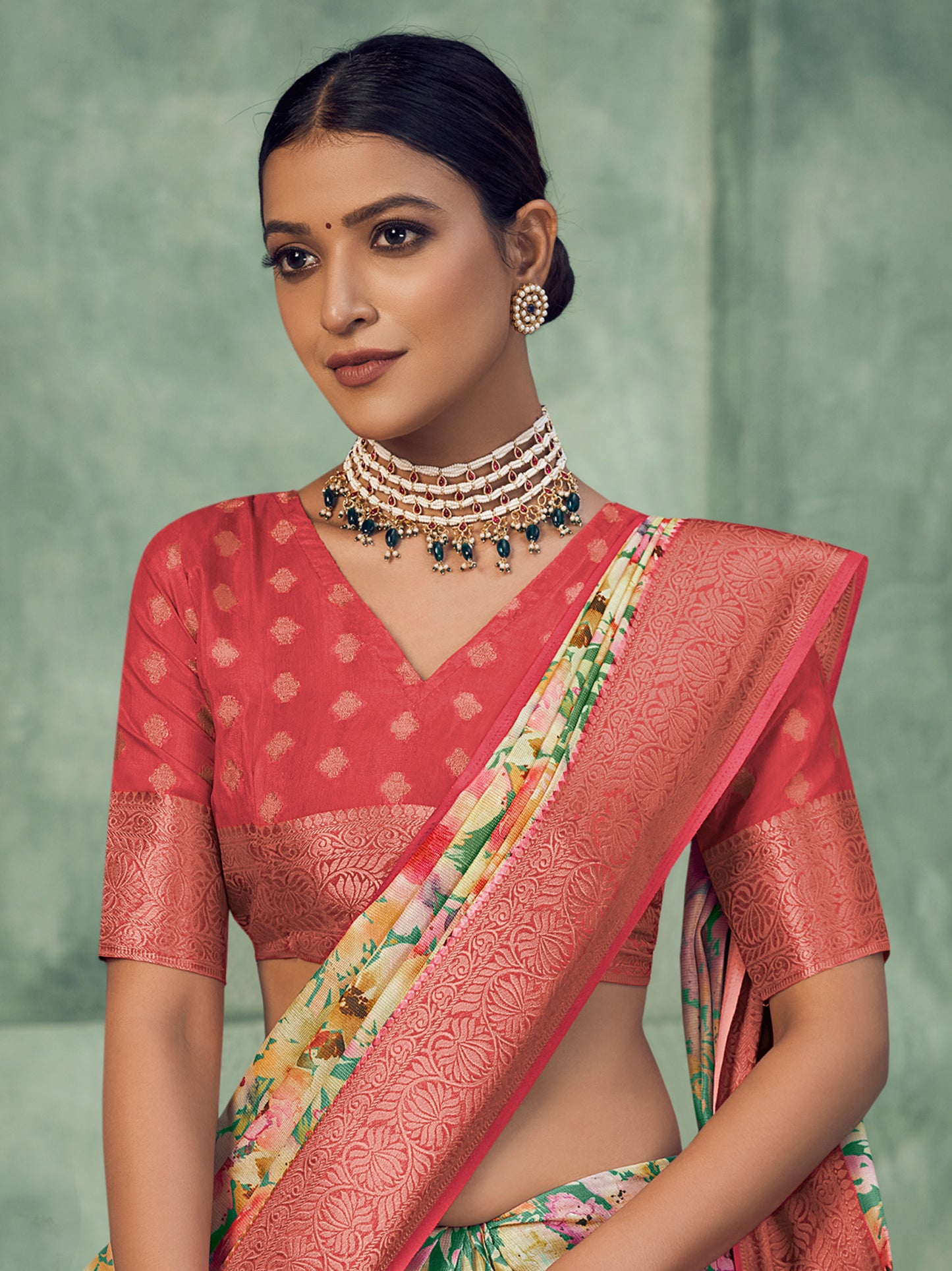 Women's Tussar Silk Teal green Digital Print Celebrity Saree With Blouse Piece