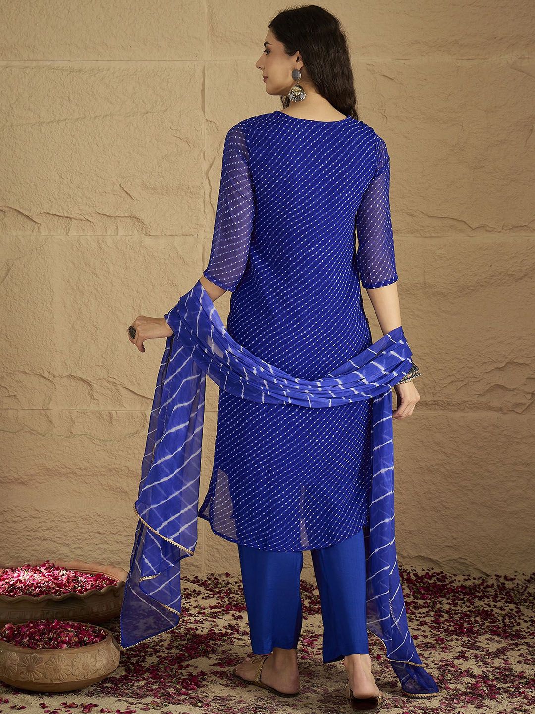Dhiyona VA Women'sBandhani Printed Silk Georgette Round Neck Straight Kurta With Trousers & Dupatta