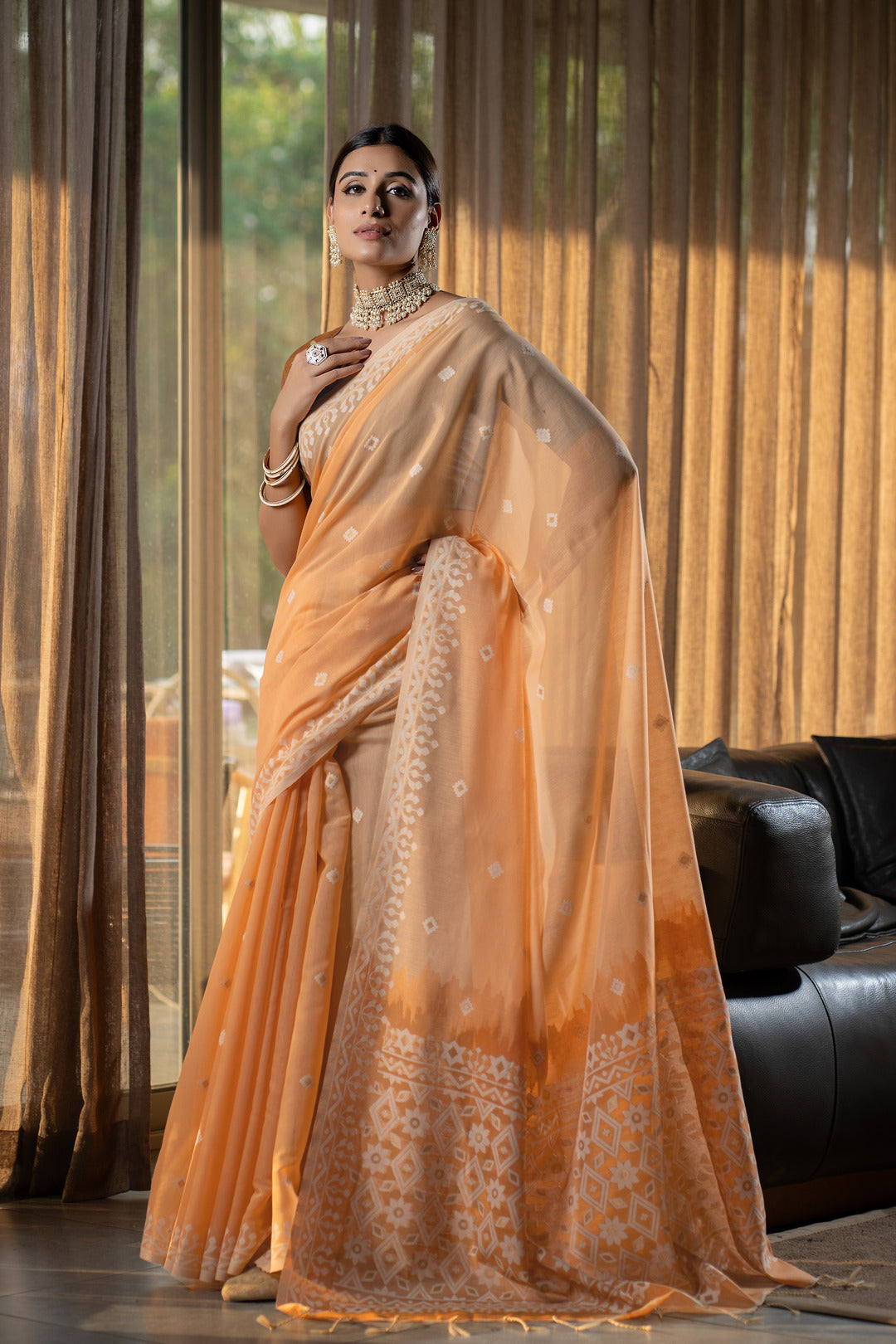 Dhiyona GR Women's Nithya Apricot Orange Mulmul Cotton Jamdani Saree