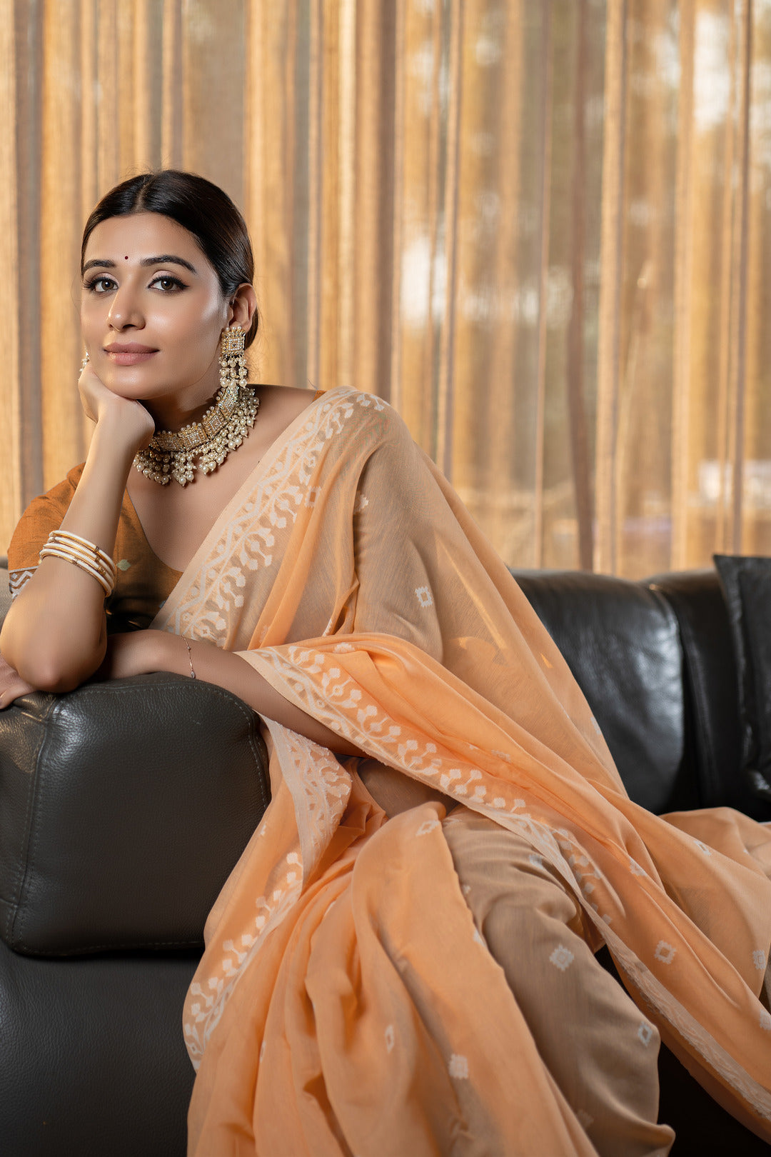 Dhiyona GR Women's Nithya Apricot Orange Mulmul Cotton Jamdani Saree