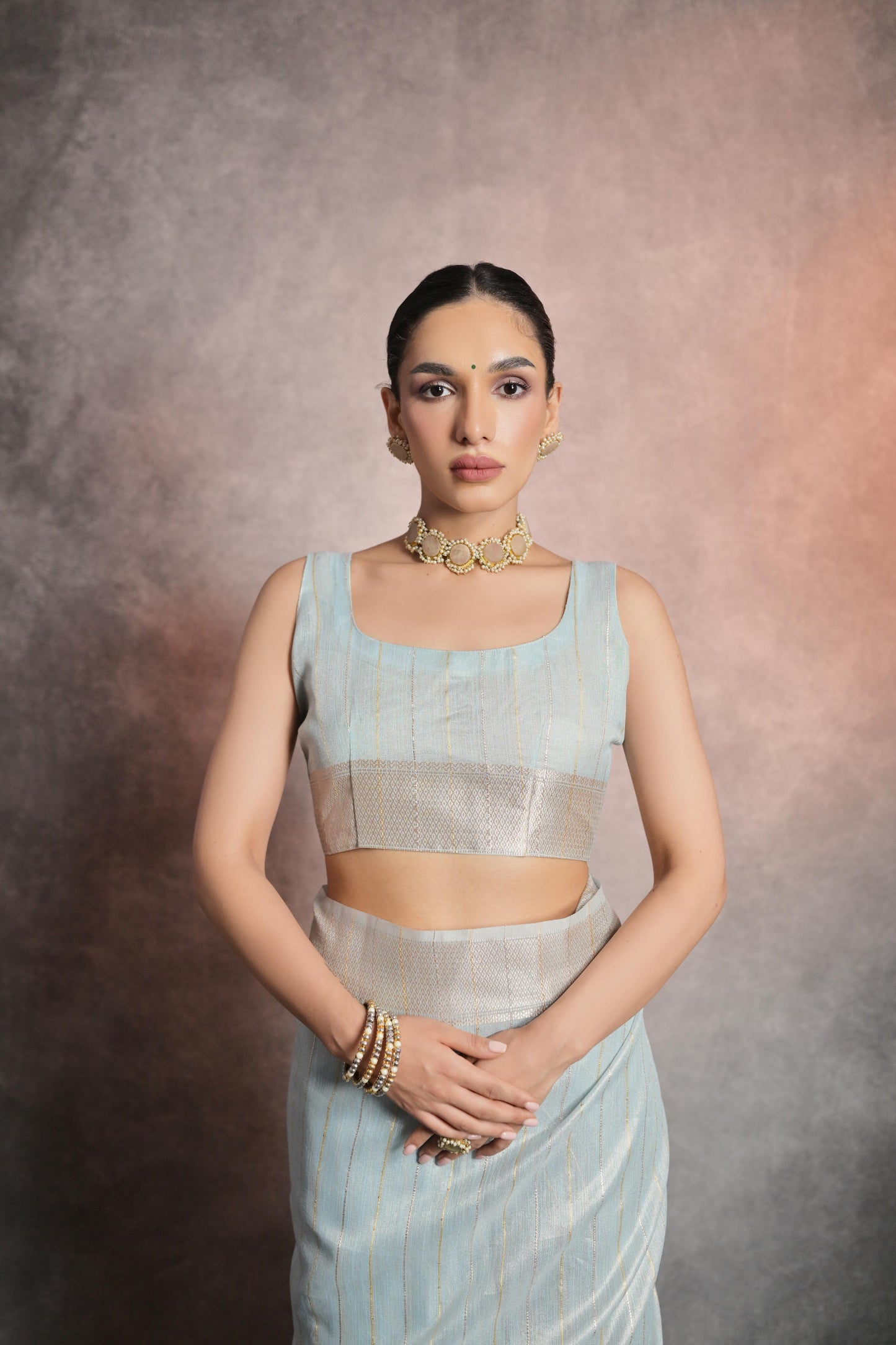 Dhiyona GR Women's Celeste Blue Soft Mulberry Tissue Cotton Saree