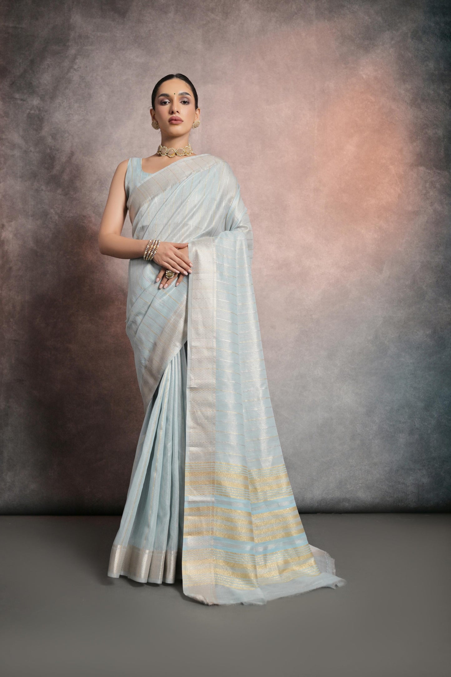 Dhiyona GR Women's Celeste Blue Soft Mulberry Tissue Cotton Saree