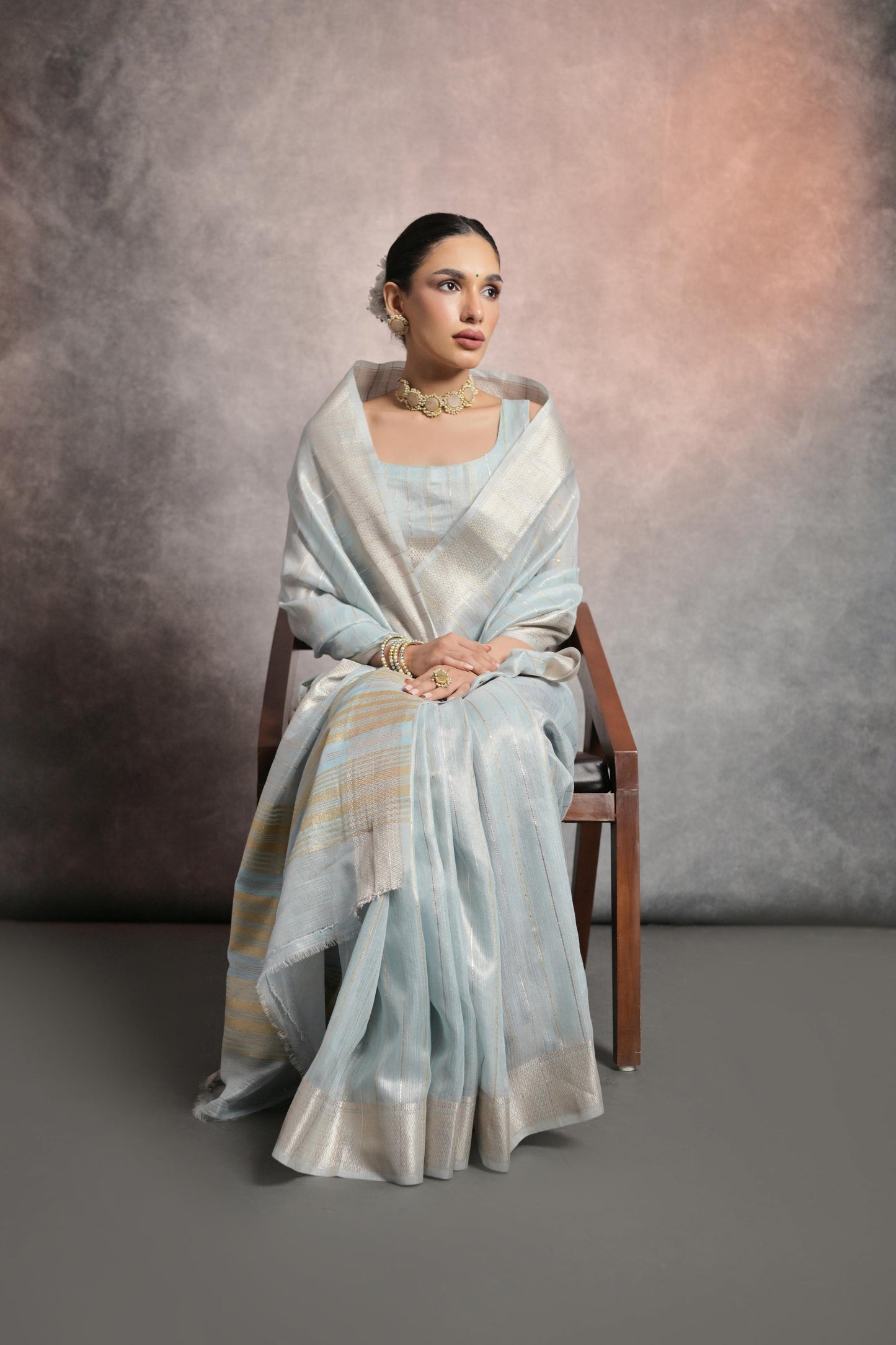 Dhiyona GR Women's Celeste Blue Soft Mulberry Tissue Cotton Saree