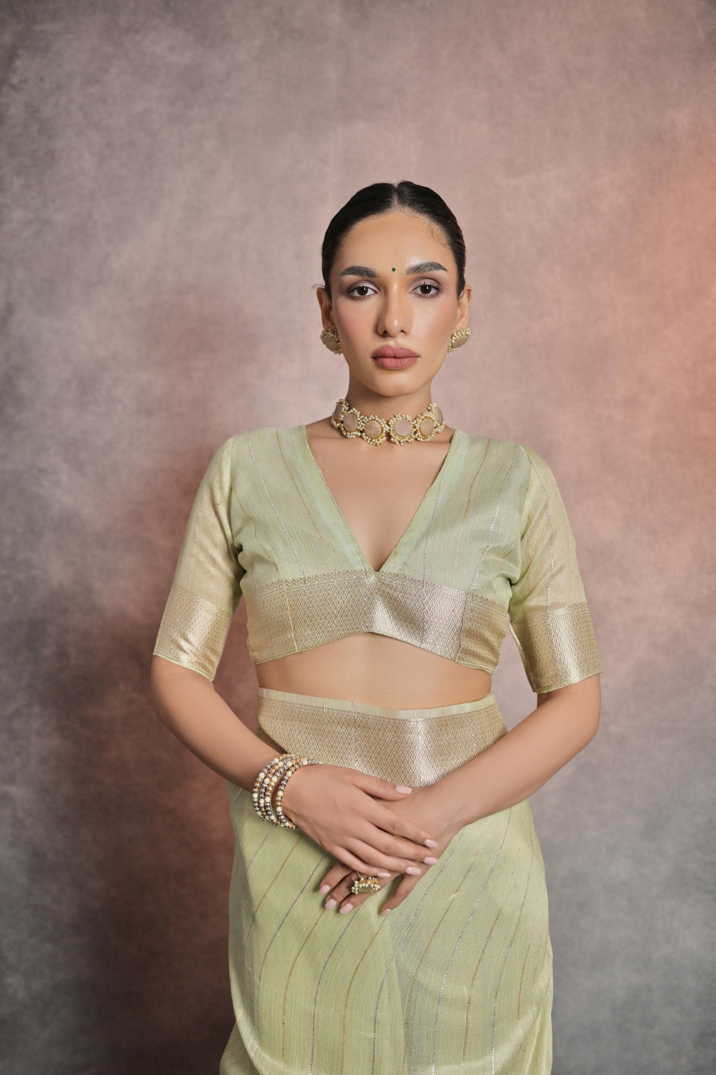 Dhiyona GR Women's Pista Green Soft Mulberry Tissue Cotton Saree