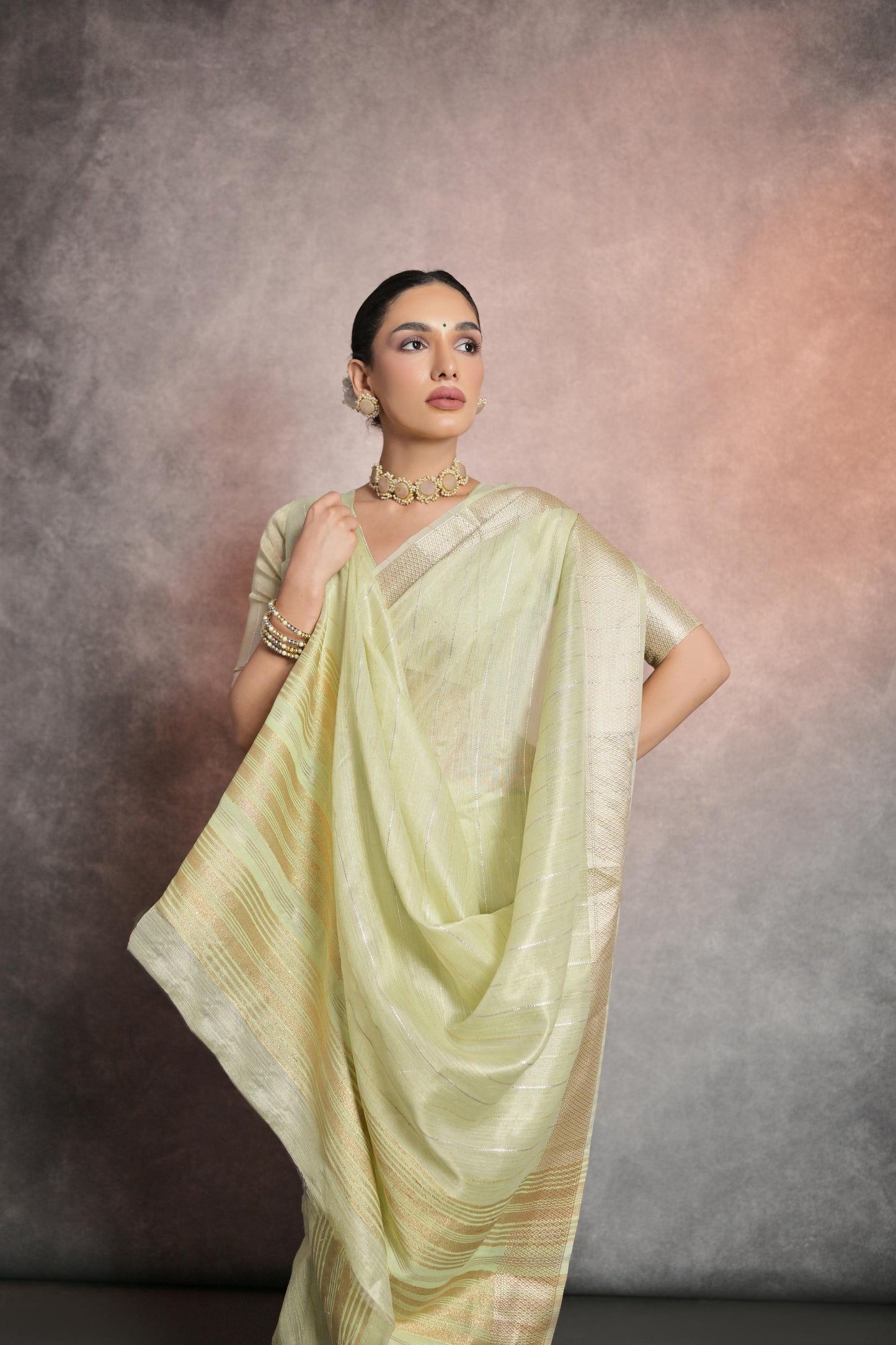 Dhiyona GR Women's Pista Green Soft Mulberry Tissue Cotton Saree