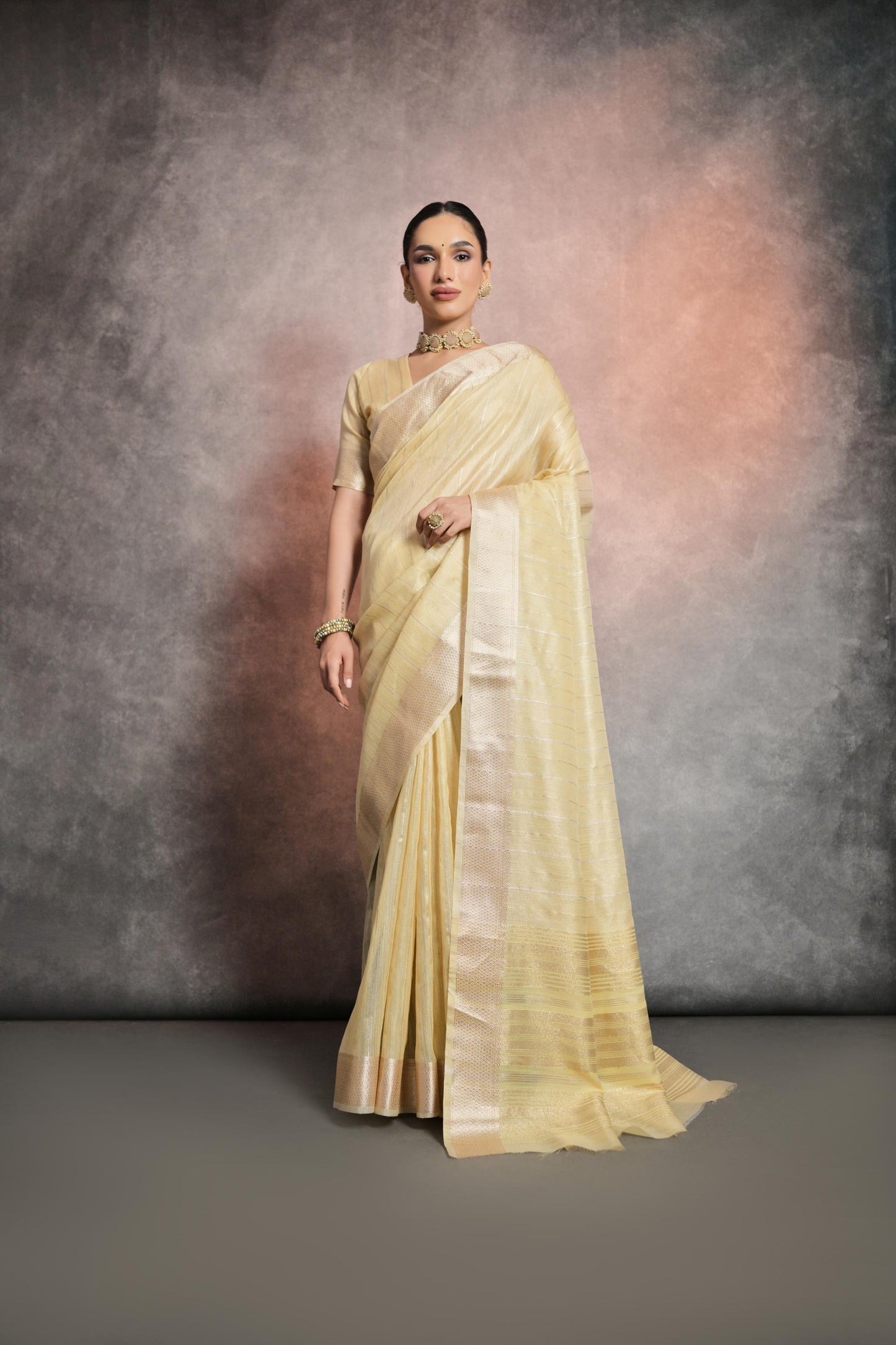Dhiyona GR Women's Yellow Soft Mulberry Tissue Cotton Saree