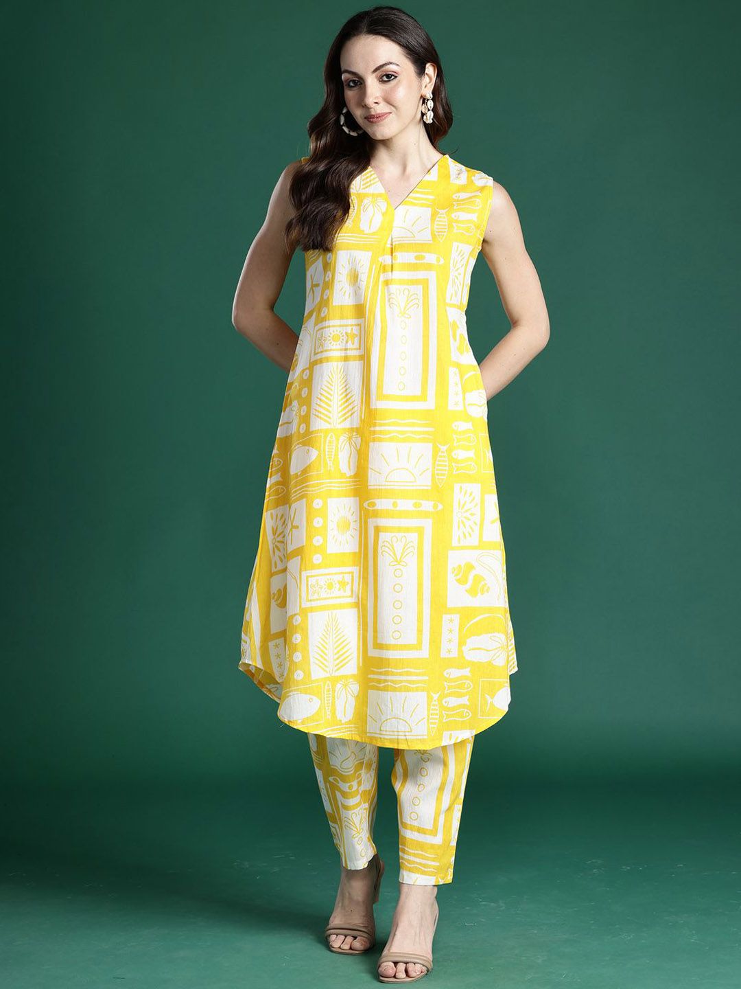 Dhiyona IE Printed Pure Cotton V-Neck Tunic With Trousers Co-Ords