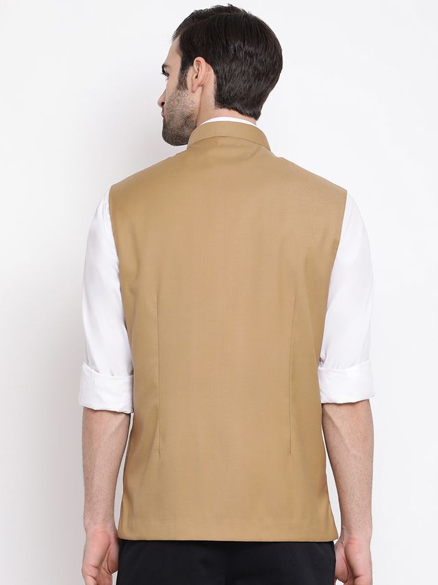 Men's Beige Cotton Silk Straight Nehru Jacket