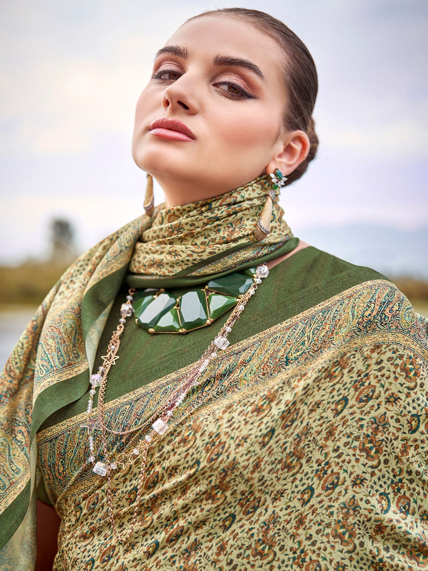 Women's Pashmina Silk Light Green Printed Designer Saree With Blouse Piece